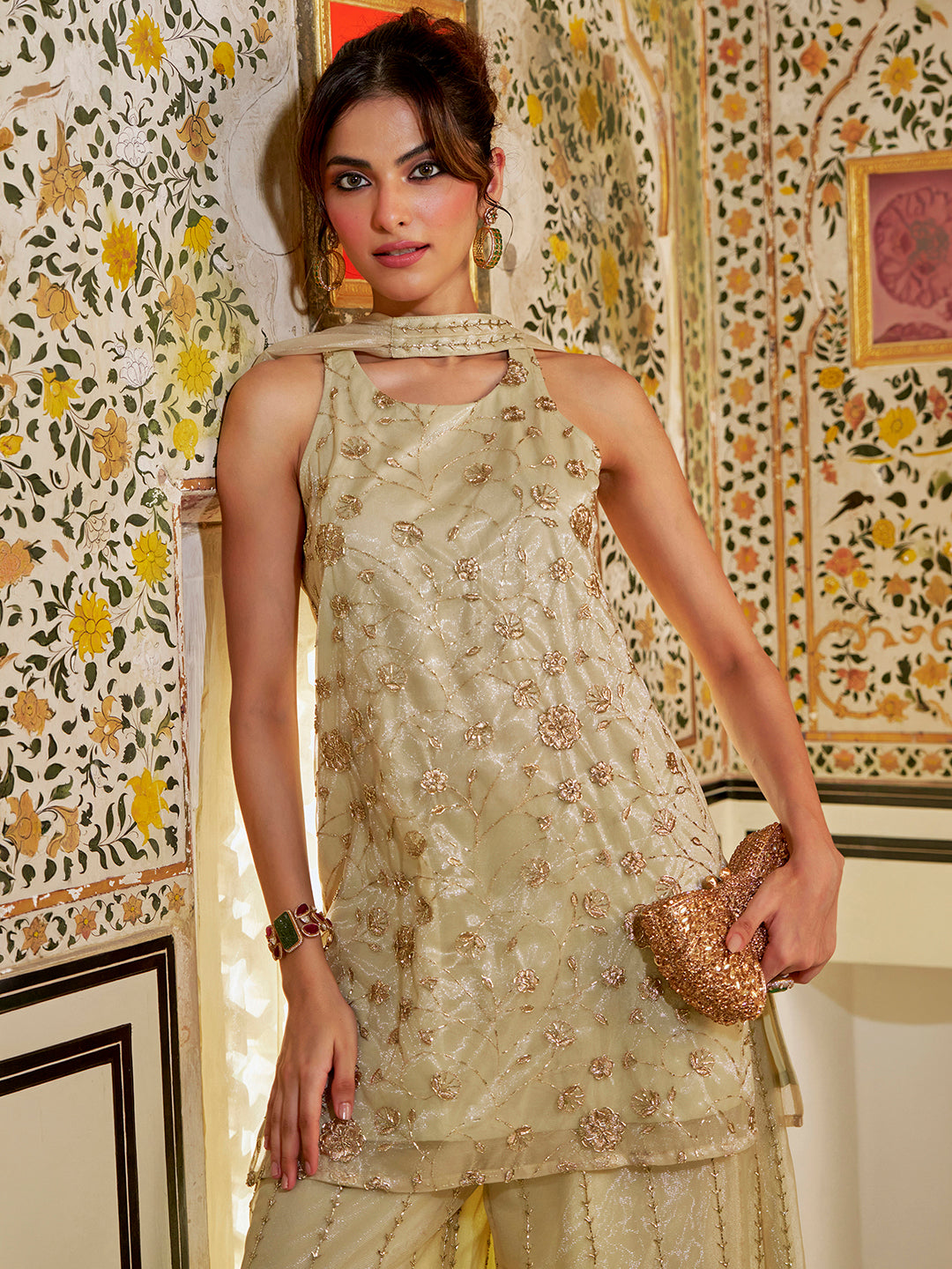 Janasya Women's Champagne Net Embellished Straight Kurta with Sharara and Dupatta Set