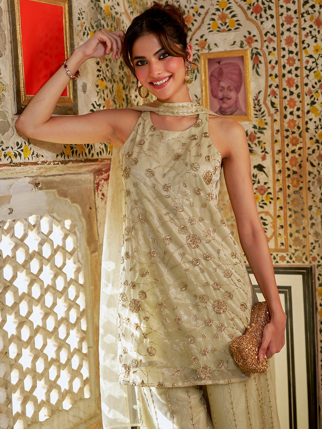 Janasya Women's Champagne Net Embellished Straight Kurta with Sharara and Dupatta Set