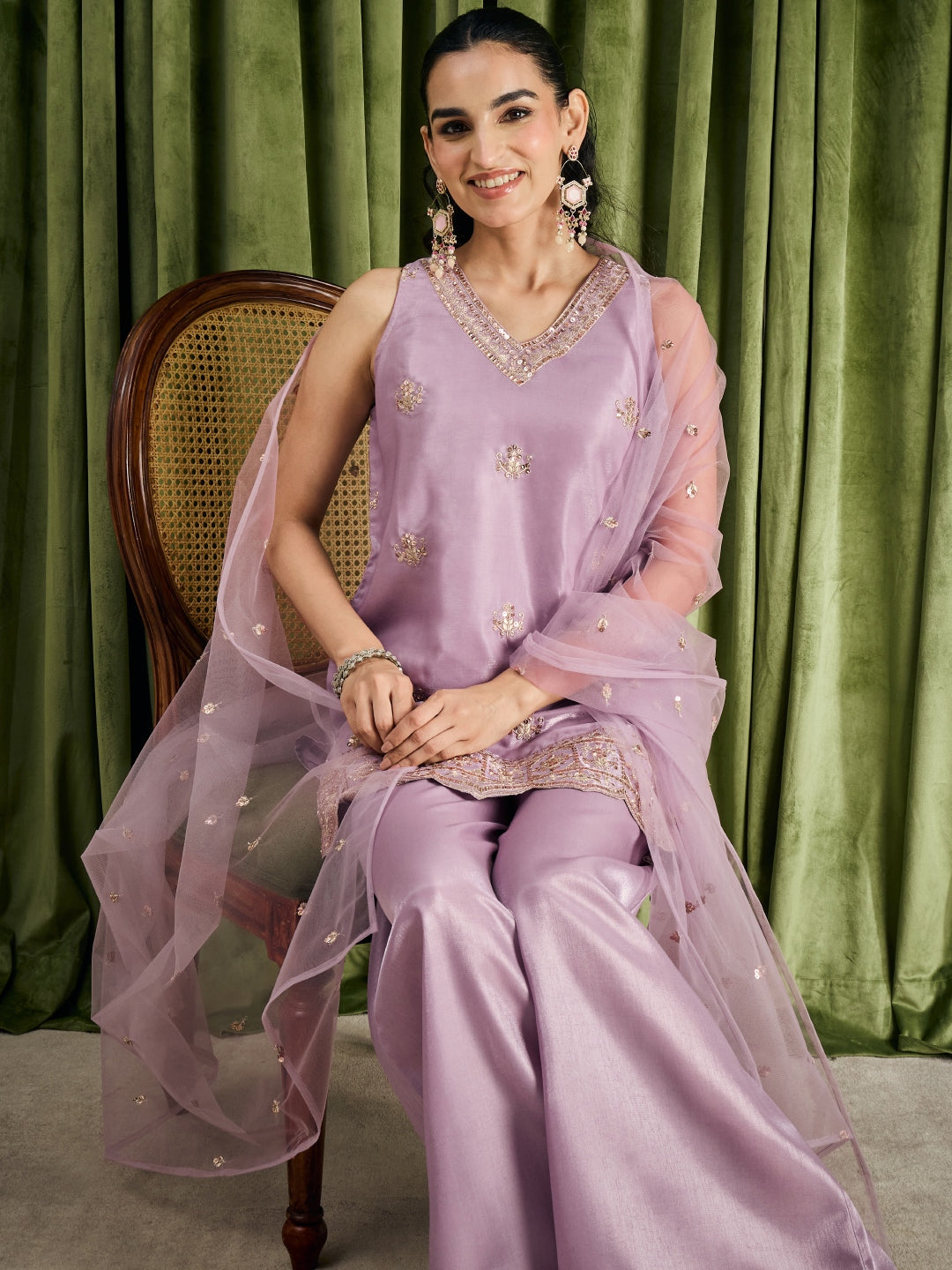 Janasya Women's Lavender Silk Blend Beads Zari Embroidered Straight Kurta with Palazzo And Dupatta Set