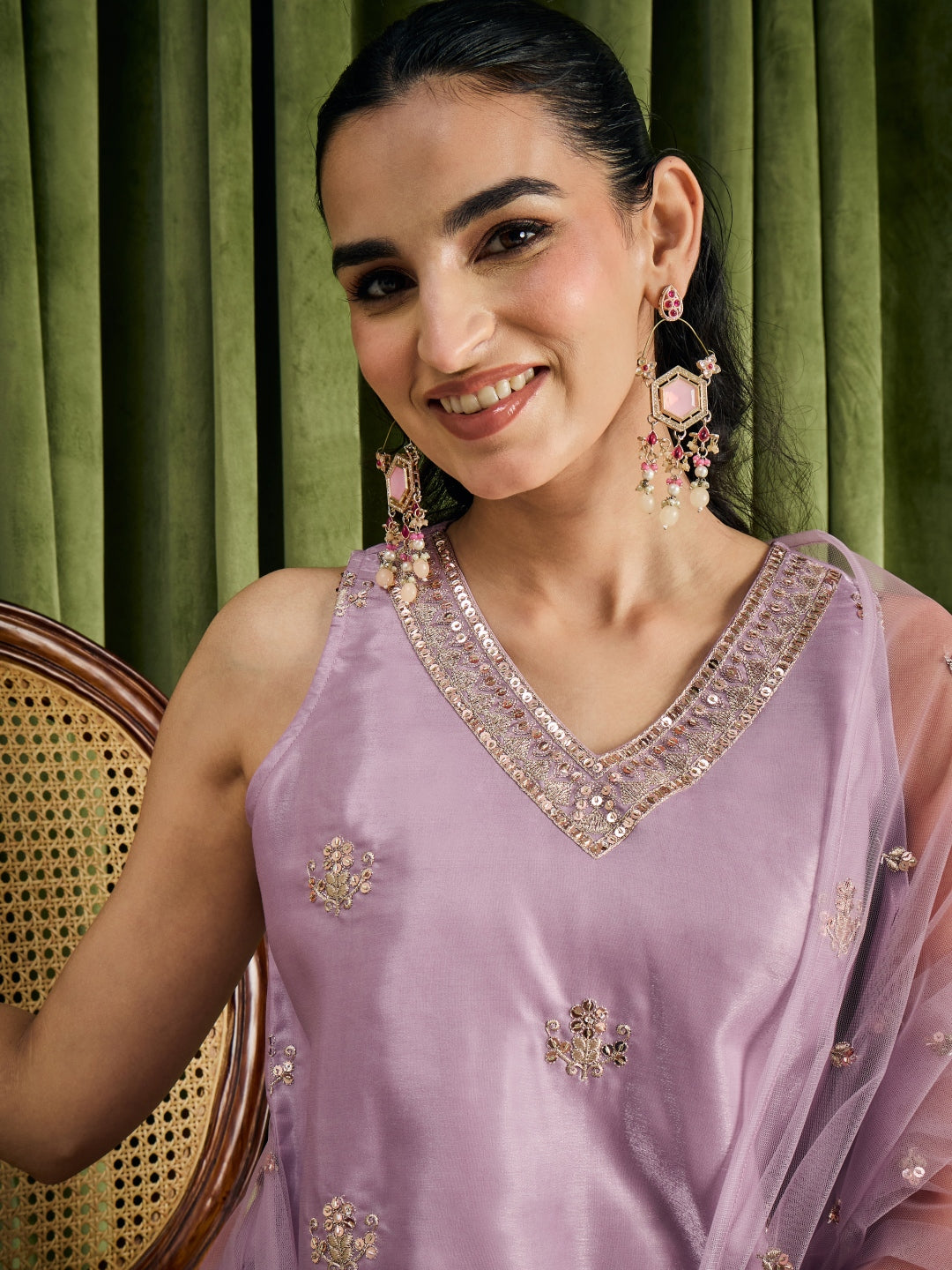 Janasya Women's Lavender Silk Blend Beads Zari Embroidered Straight Kurta with Palazzo And Dupatta Set