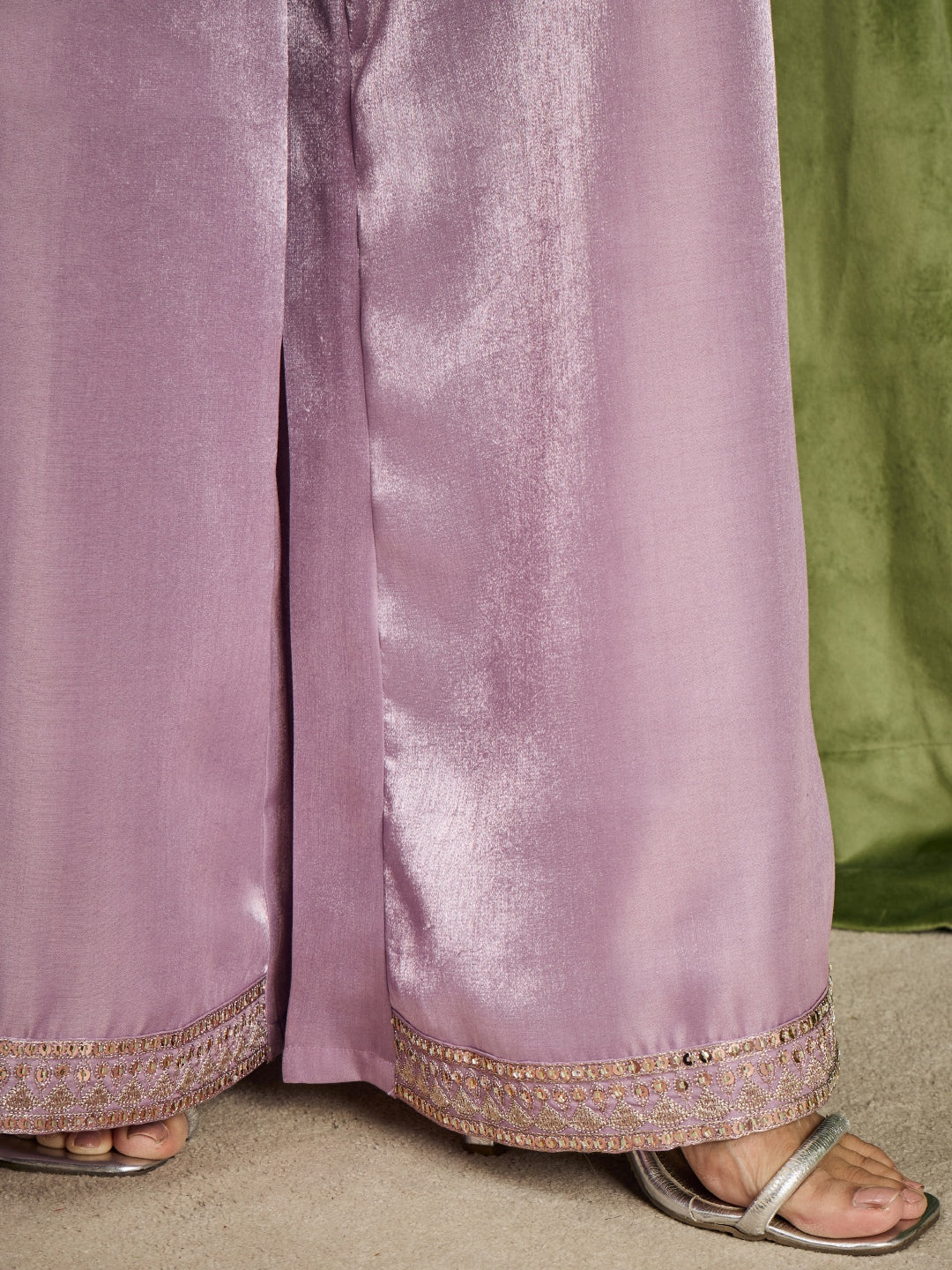 Janasya Women's Lavender Silk Blend Beads Zari Embroidered Straight Kurta with Palazzo And Dupatta Set