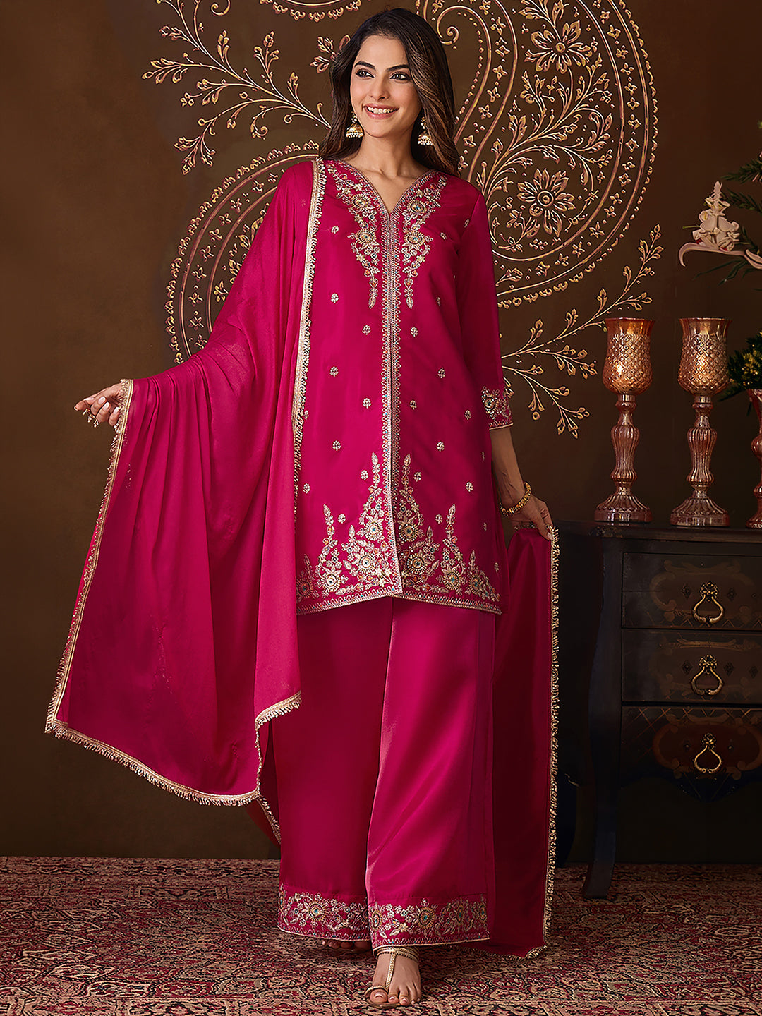 Janasya Women's Pink Silk Blend Floral Sequins Zari Embroidered Straight Kurta with Palazzo and Dupatta Set