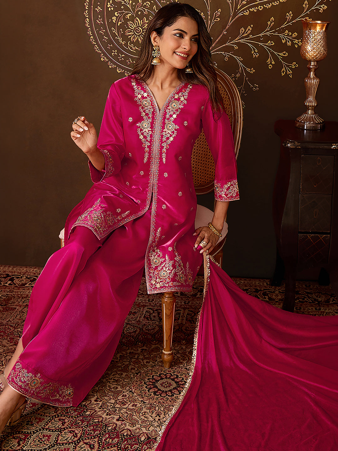 Janasya Women's Pink Silk Blend Floral Sequins Zari Embroidered Straight Kurta with Palazzo and Dupatta Set