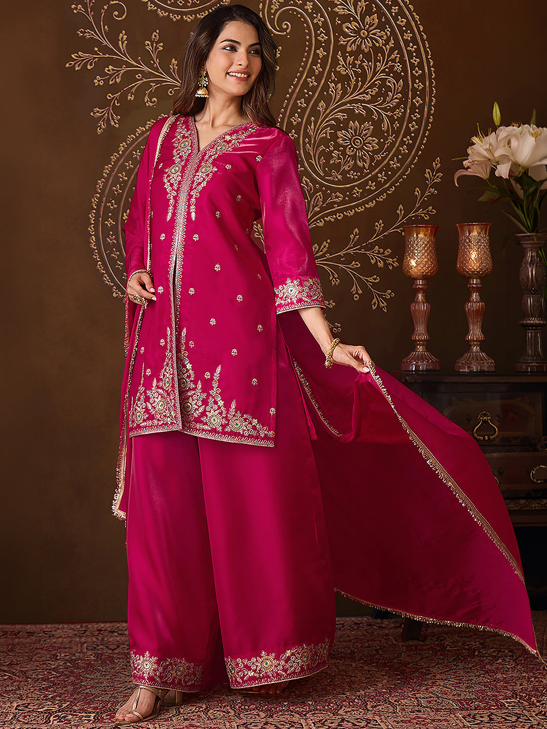Janasya Women's Pink Silk Blend Floral Sequins Zari Embroidered Straight Kurta with Palazzo and Dupatta Set