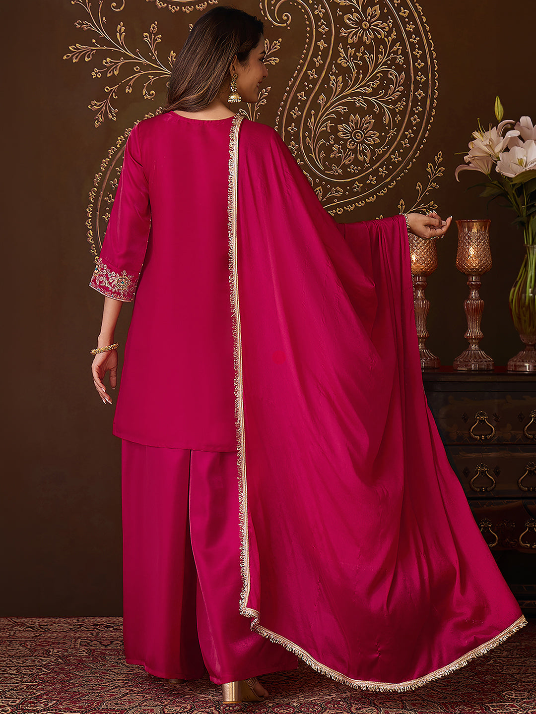 Janasya Women's Pink Silk Blend Floral Sequins Zari Embroidered Straight Kurta with Palazzo and Dupatta Set