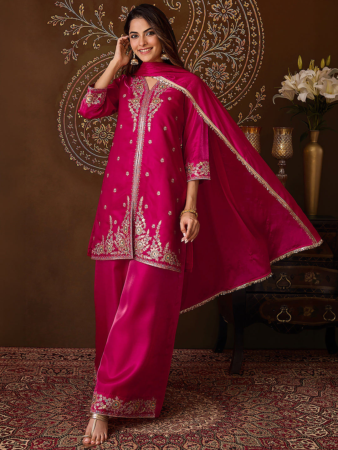 Janasya Women's Pink Silk Blend Floral Sequins Zari Embroidered Straight Kurta with Palazzo and Dupatta Set
