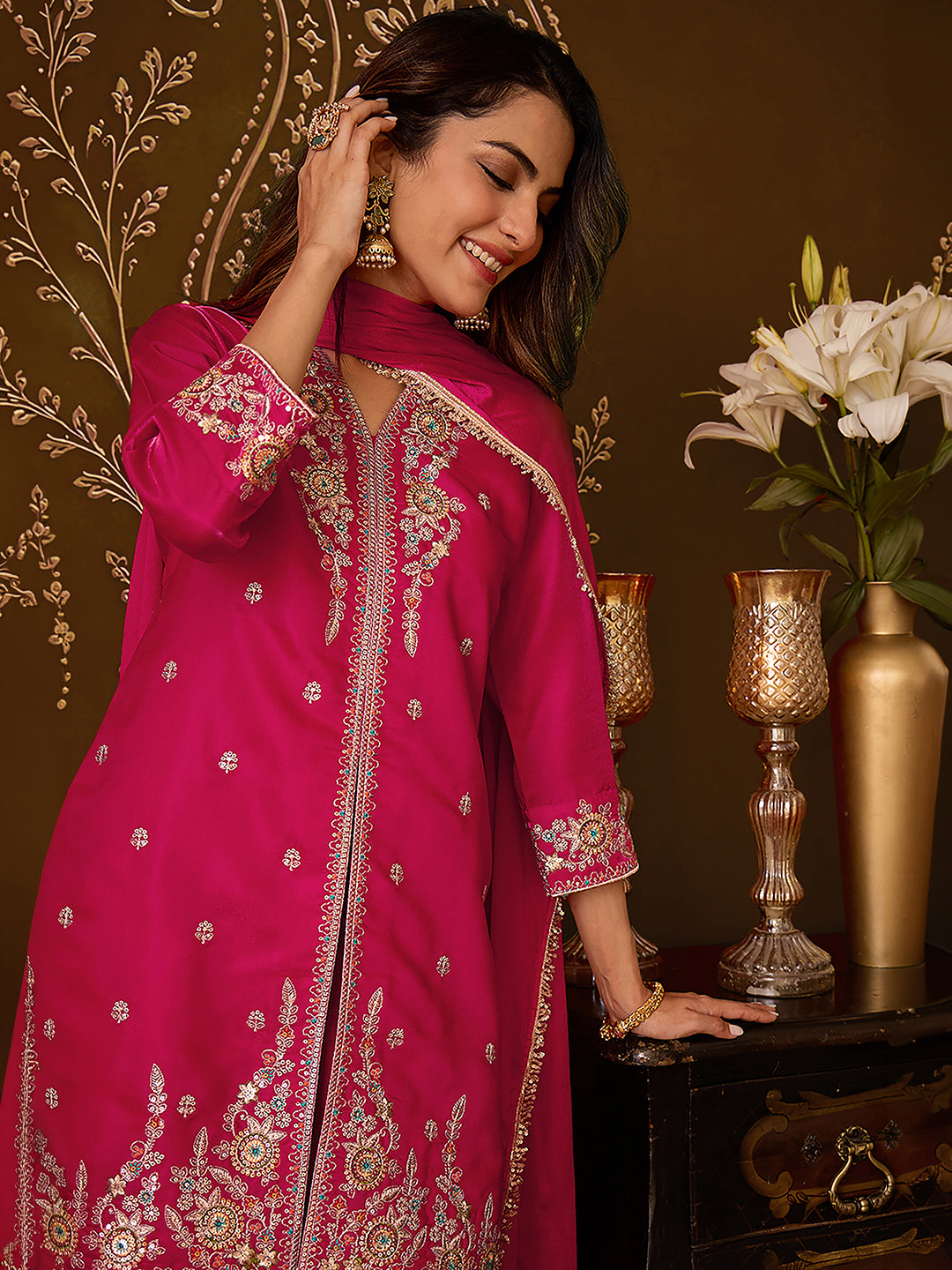 Janasya Women's Pink Silk Blend Floral Sequins Zari Embroidered Straight Kurta with Palazzo and Dupatta Set