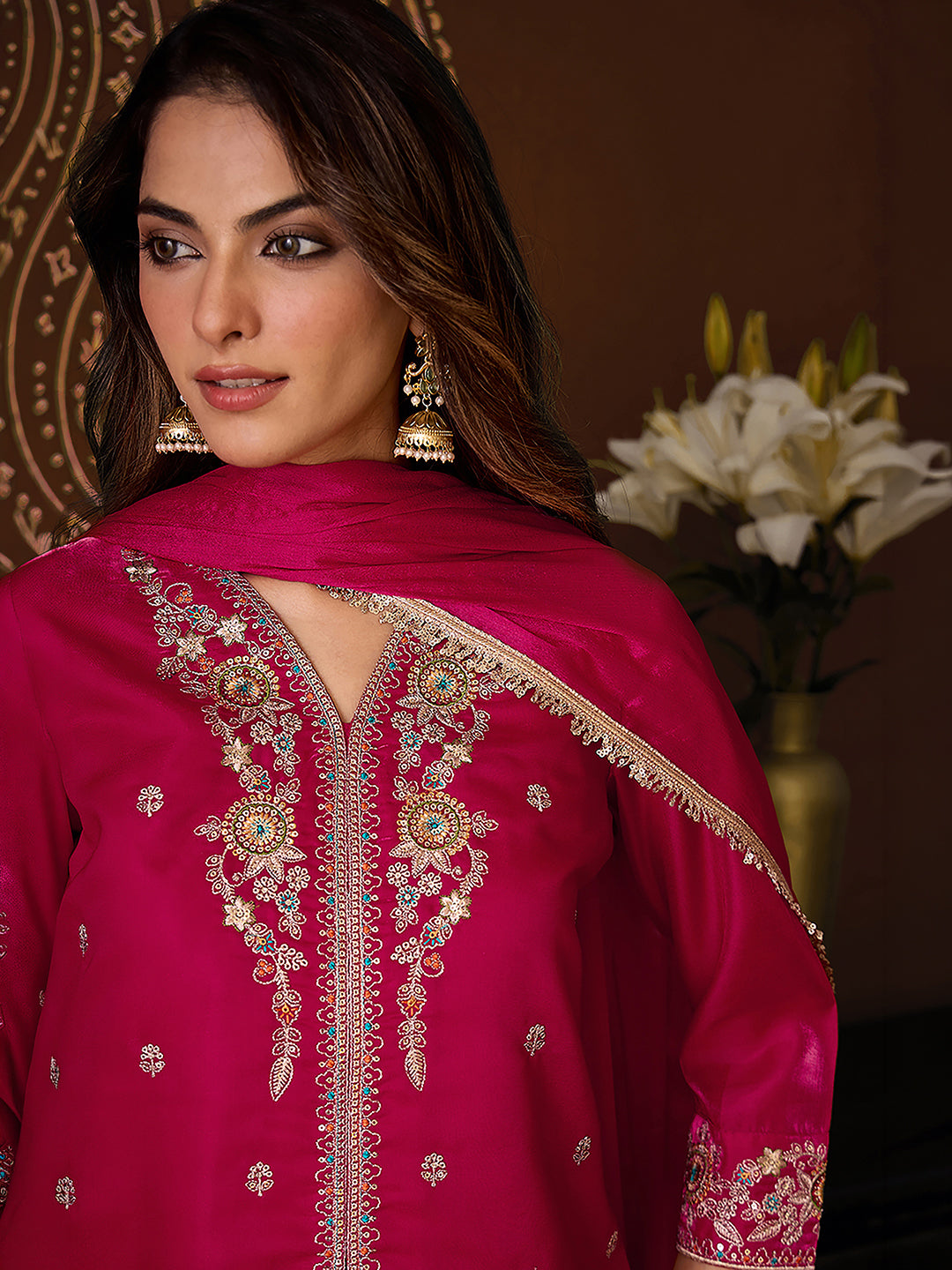 Janasya Women's Pink Silk Blend Floral Sequins Zari Embroidered Straight Kurta with Palazzo and Dupatta Set