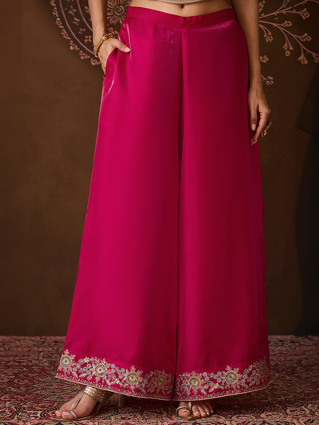 Janasya Women's Pink Silk Blend Floral Sequins Zari Embroidered Straight Kurta with Palazzo and Dupatta Set