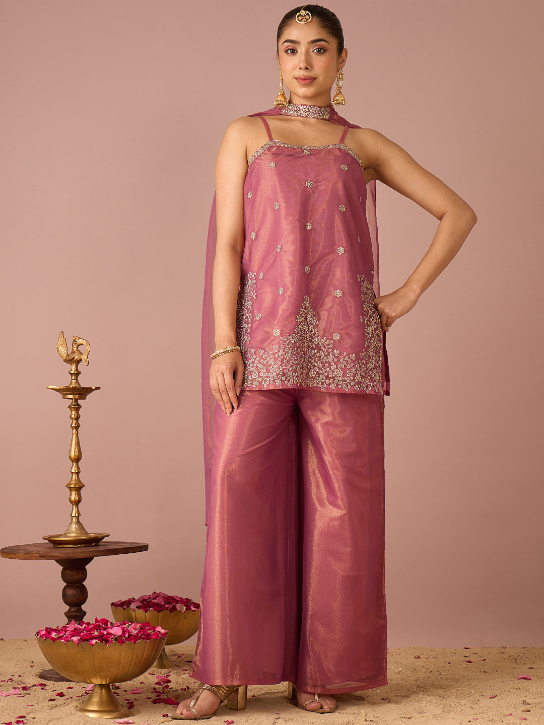 Janasya Women's Metallic Pink Shimmer Net Floral Zari Embroidered Straight Kurta with Palazzo And Choker Dupatta Set