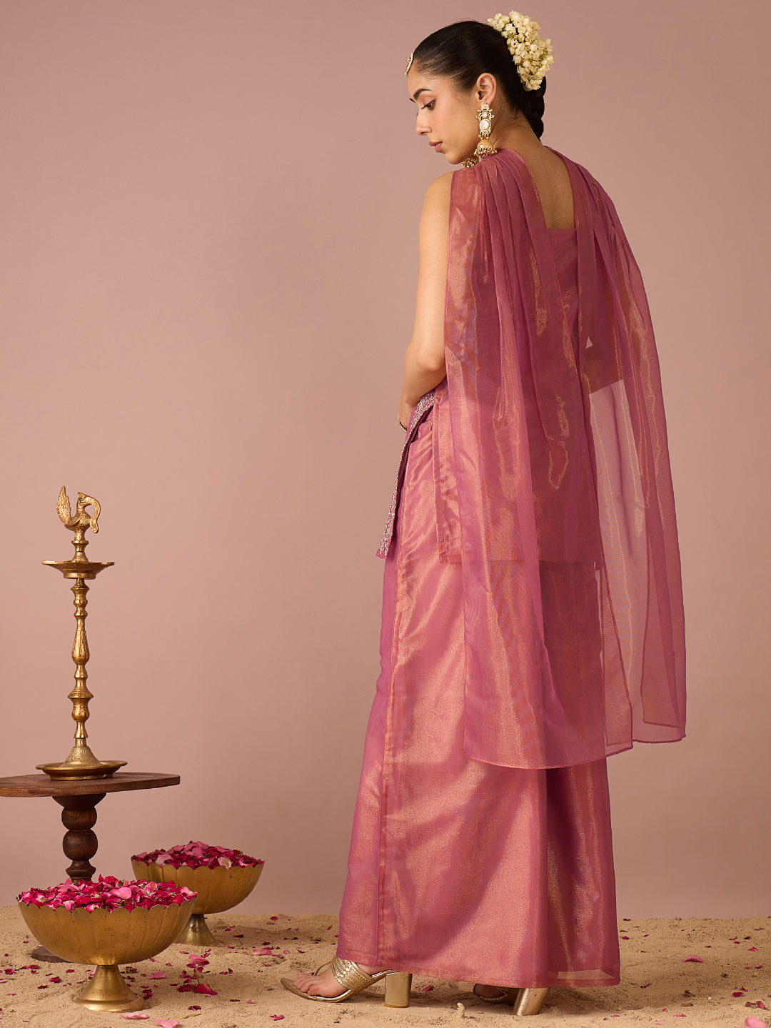 Janasya Women's Metallic Pink Shimmer Net Floral Zari Embroidered Straight Kurta with Palazzo And Choker Dupatta Set