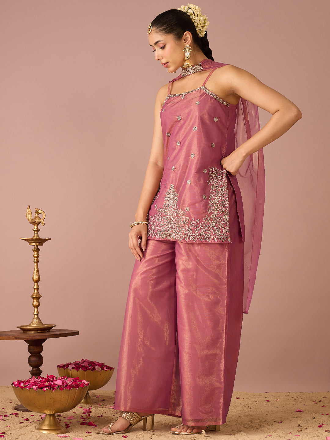 Janasya Women's Metallic Pink Shimmer Net Floral Zari Embroidered Straight Kurta with Palazzo And Choker Dupatta Set