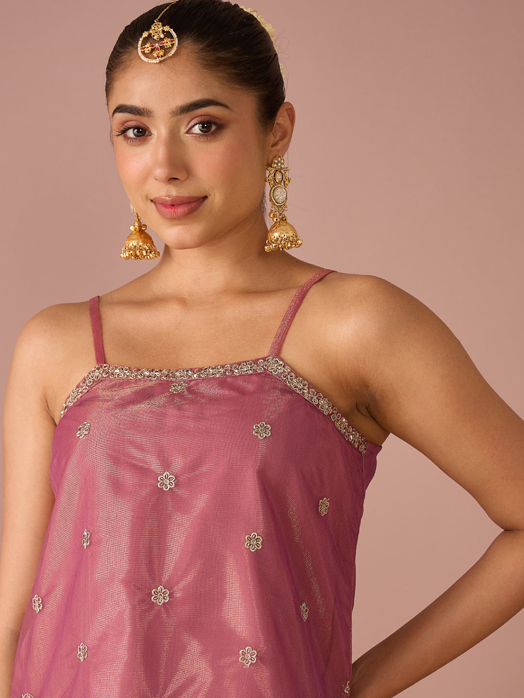 Janasya Women's Metallic Pink Shimmer Net Floral Zari Embroidered Straight Kurta with Palazzo And Choker Dupatta Set