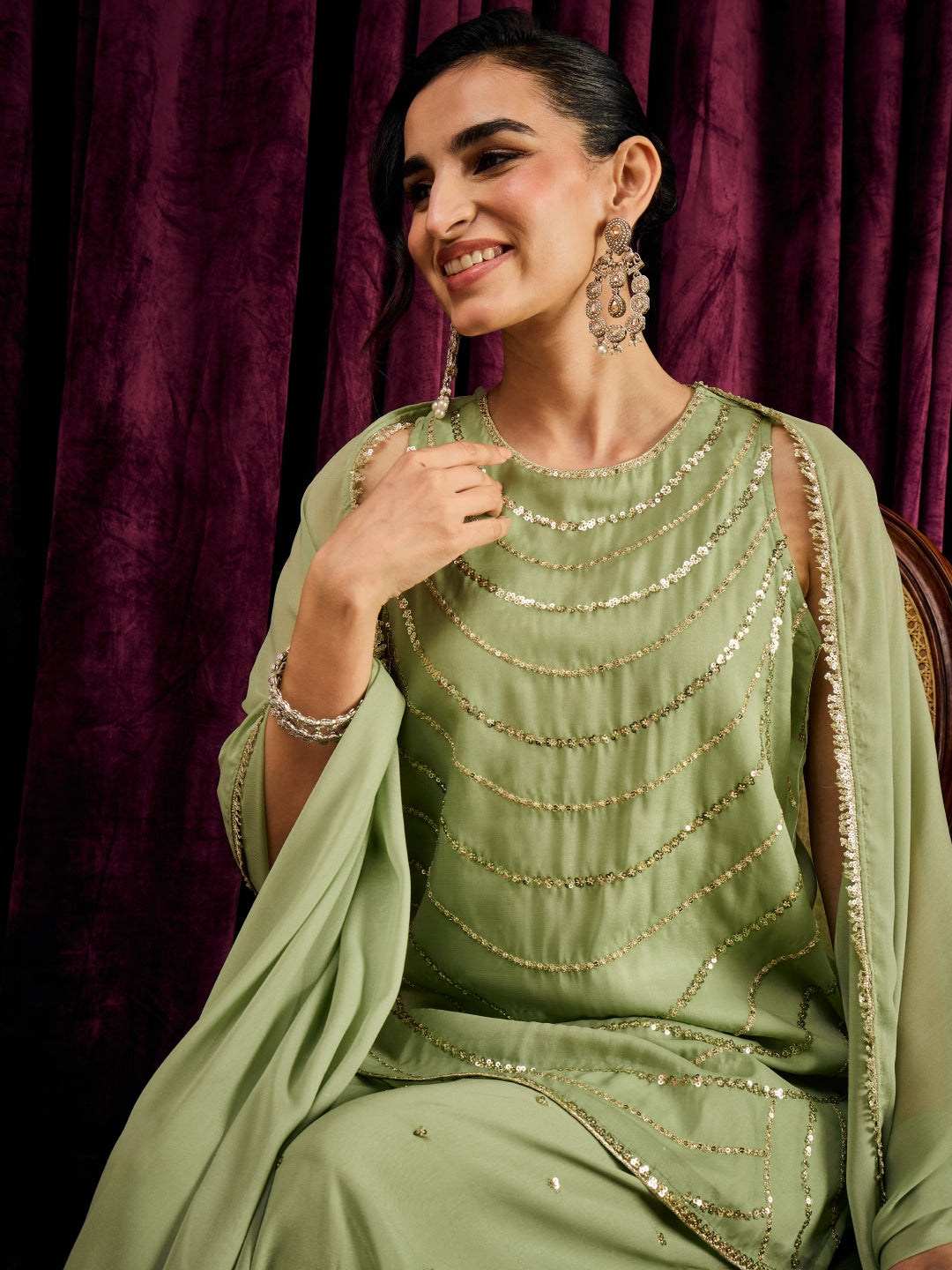 Janasya Women's Mint Green Georgette Sequins Zari Embroidered Straight Kurta with Palazzo And Dupatta Set