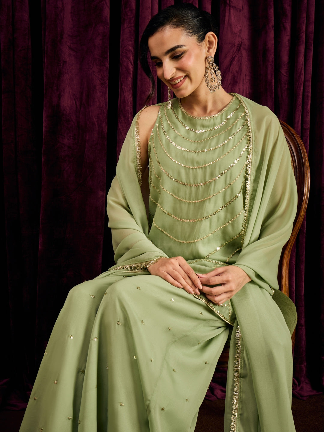 Janasya Women's Mint Green Georgette Sequins Zari Embroidered Straight Kurta with Palazzo And Dupatta Set