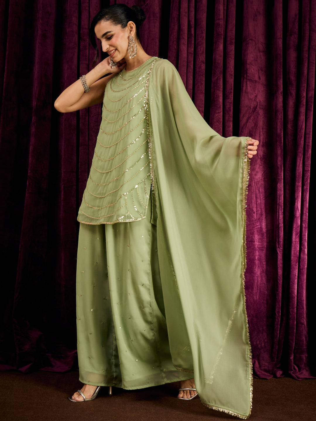 Janasya Women's Mint Green Georgette Sequins Zari Embroidered Straight Kurta with Palazzo And Dupatta Set