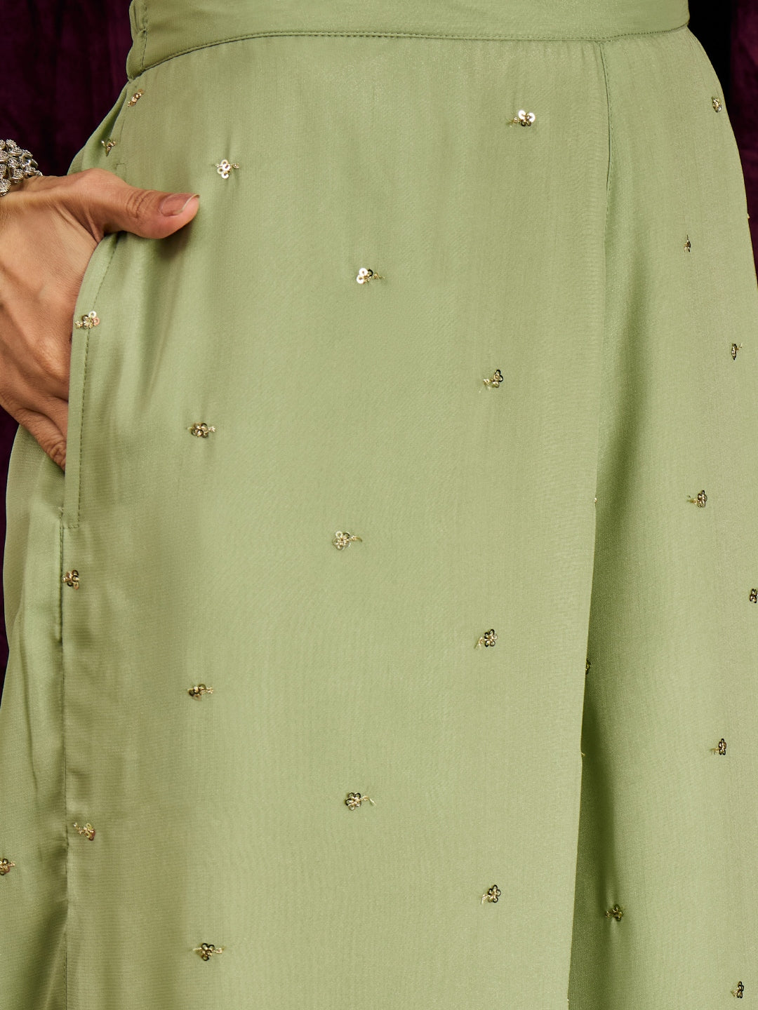 Janasya Women's Mint Green Georgette Sequins Zari Embroidered Straight Kurta with Palazzo And Dupatta Set