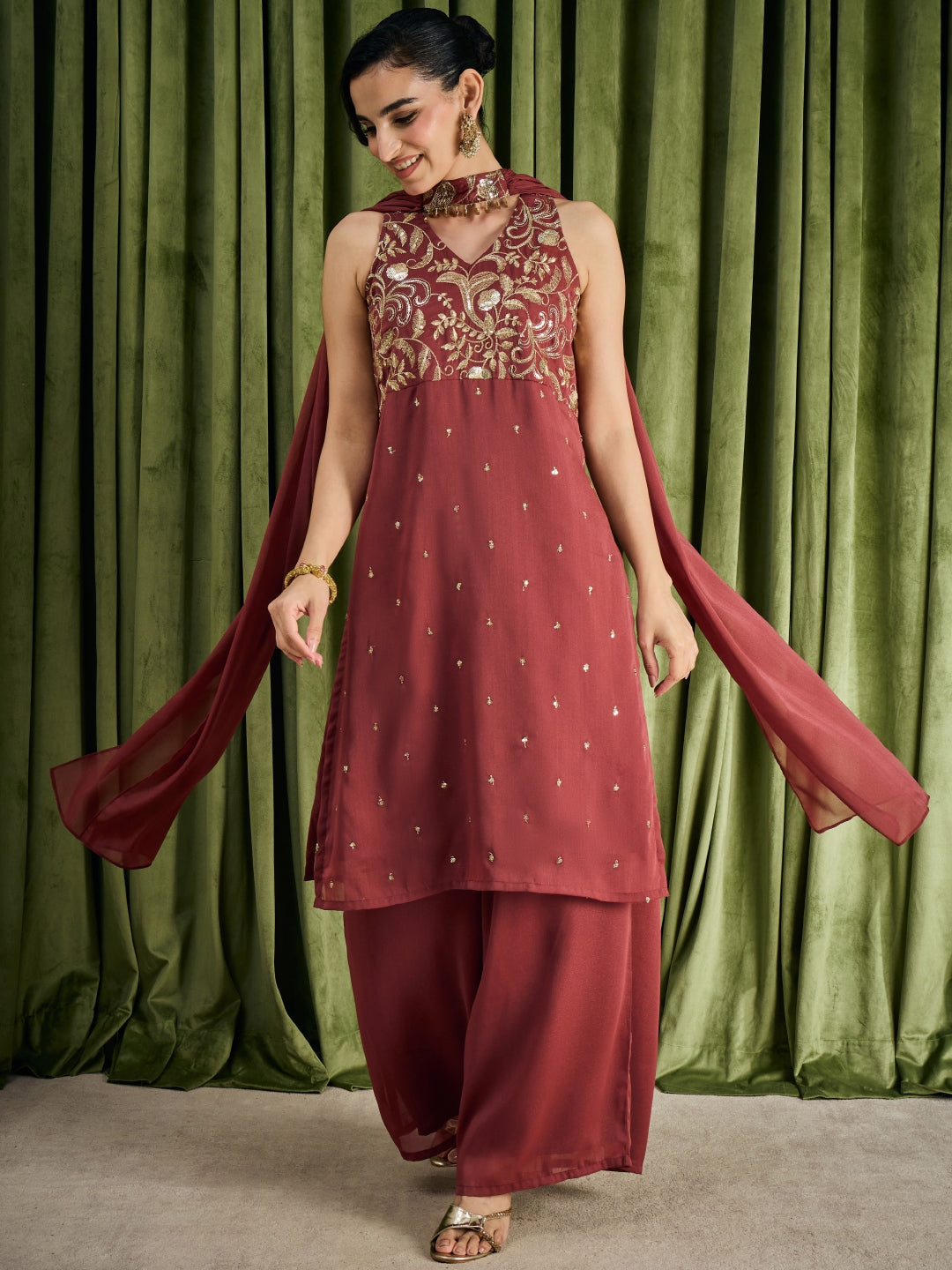 Janasya Women's Brown Georgette Sequins Zari Embroidered Straight Kurta with Palazzo And Choker Dupatta Set