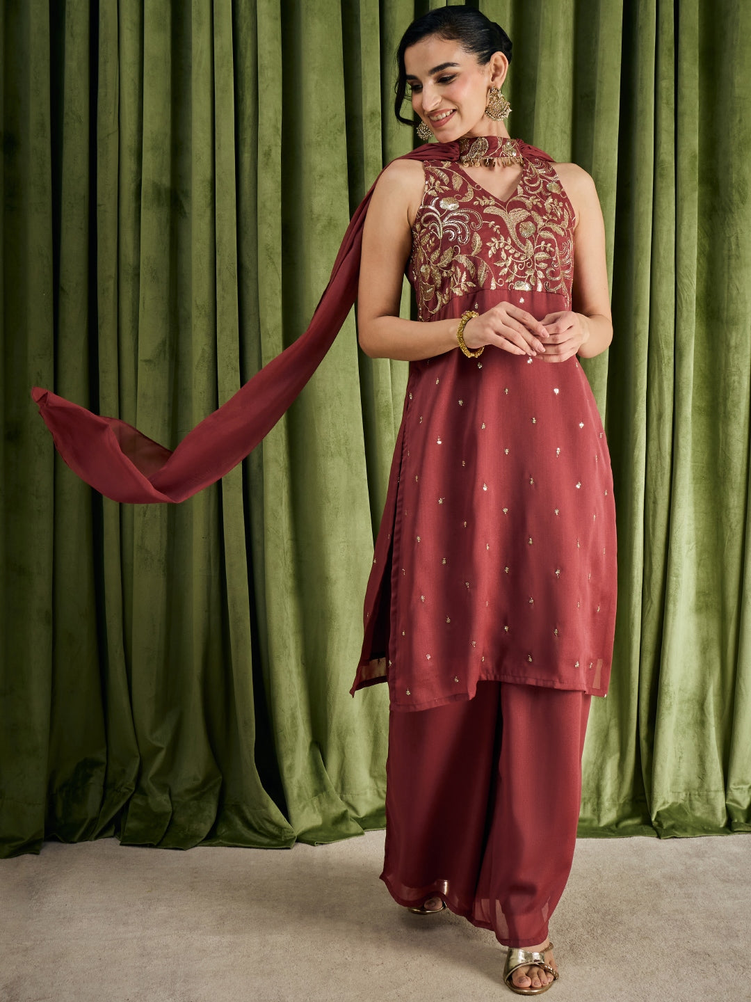 Janasya Women's Brown Georgette Sequins Zari Embroidered Straight Kurta with Palazzo And Choker Dupatta Set