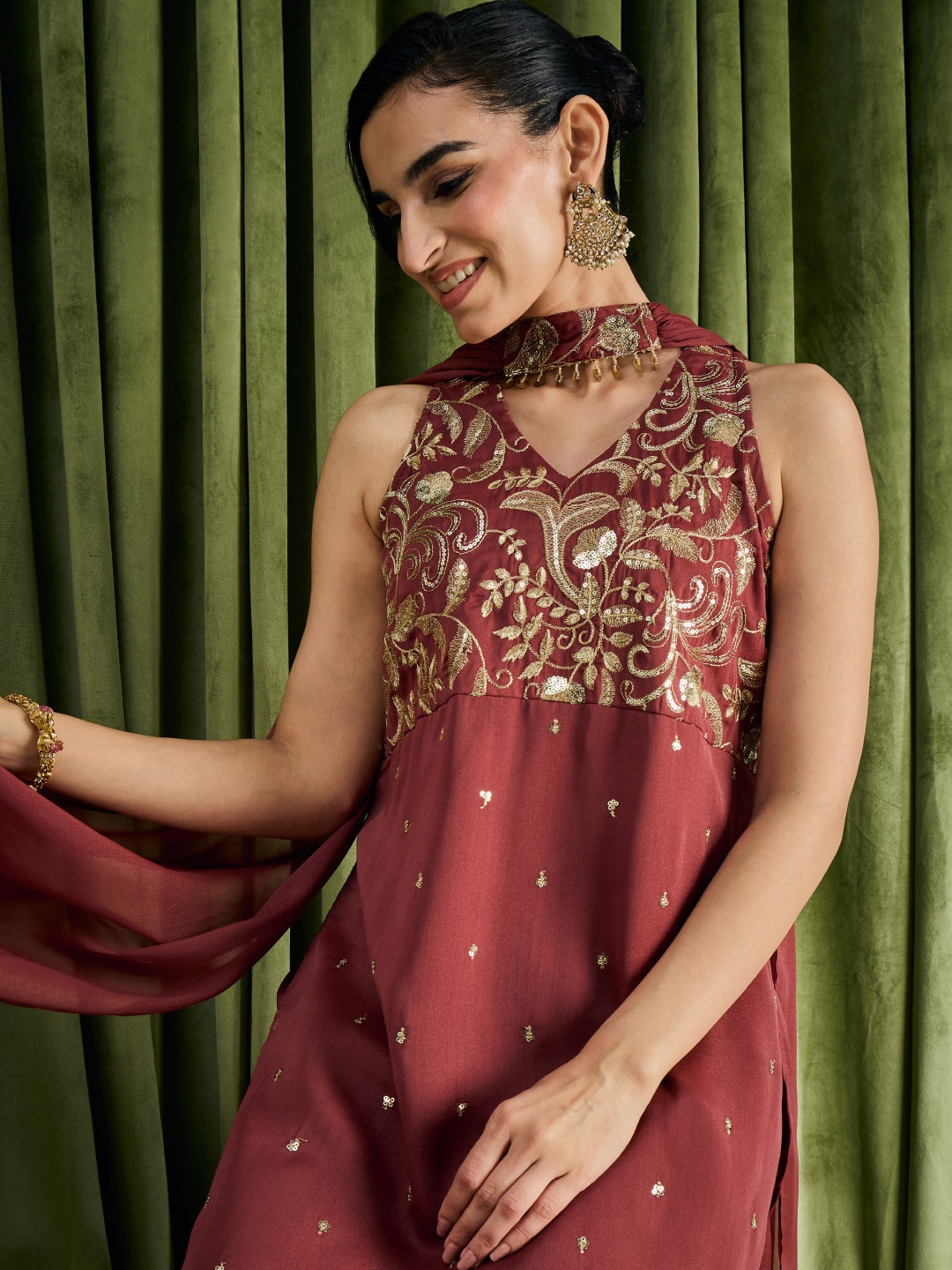 Janasya Women's Brown Georgette Sequins Zari Embroidered Straight Kurta with Palazzo And Choker Dupatta Set