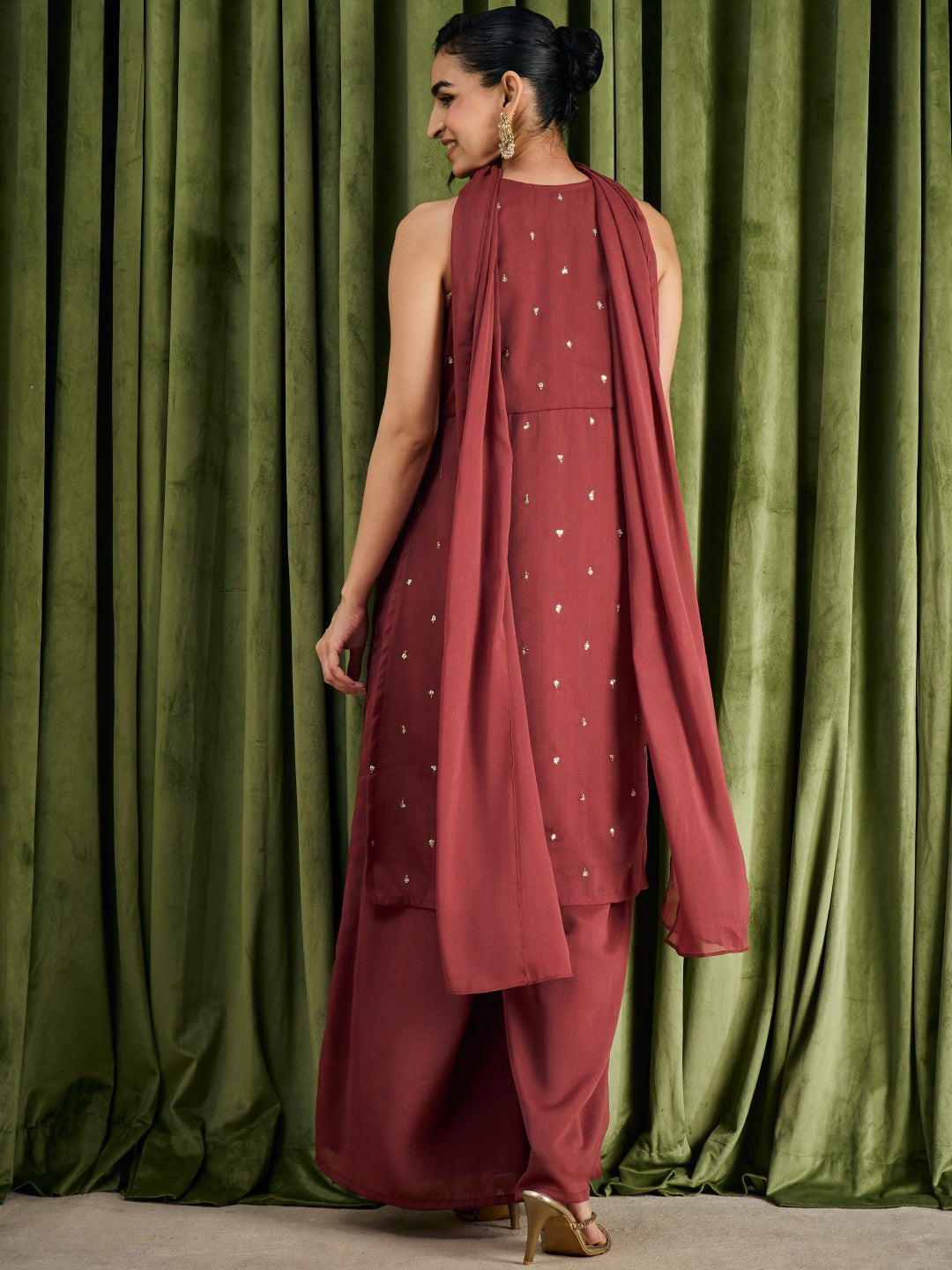 Janasya Women's Brown Georgette Sequins Zari Embroidered Straight Kurta with Palazzo And Choker Dupatta Set
