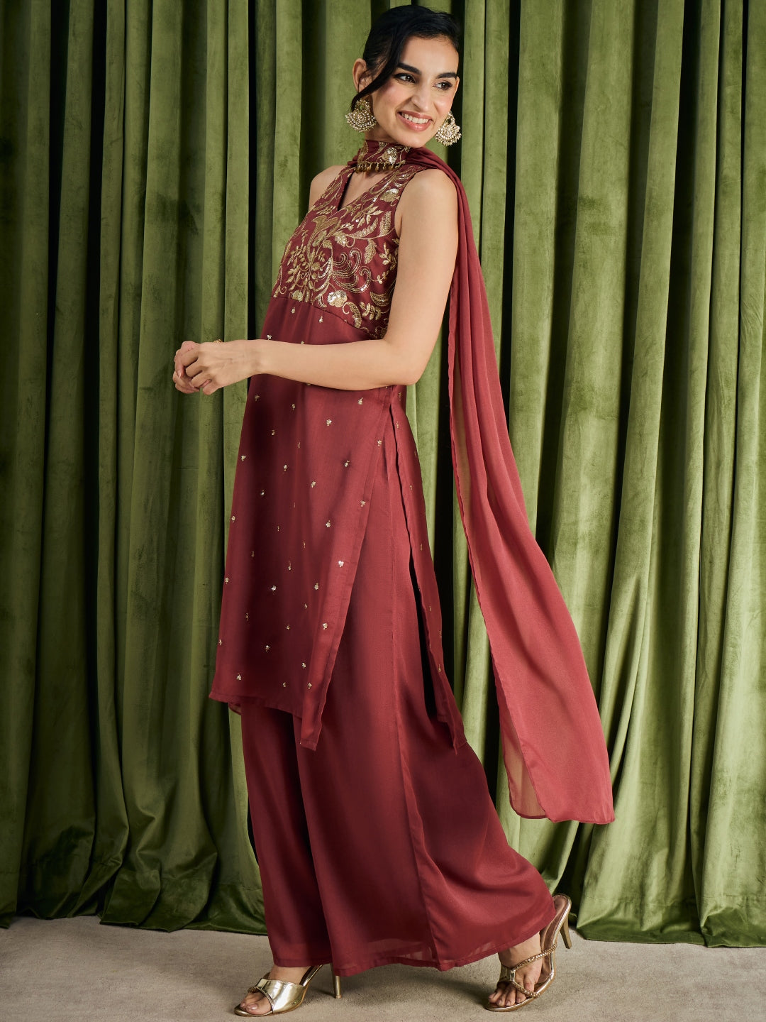 Janasya Women's Brown Georgette Sequins Zari Embroidered Straight Kurta with Palazzo And Choker Dupatta Set