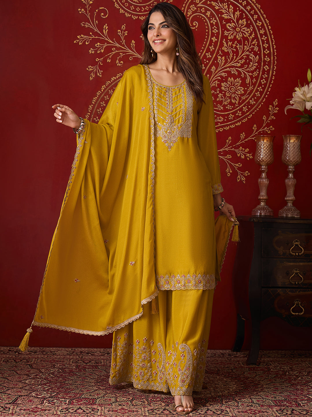 Janasya Women's Lime Yellow Silk Blend Floral Zari Embroidered Straight Kurta with Sharara & Dupatta Set