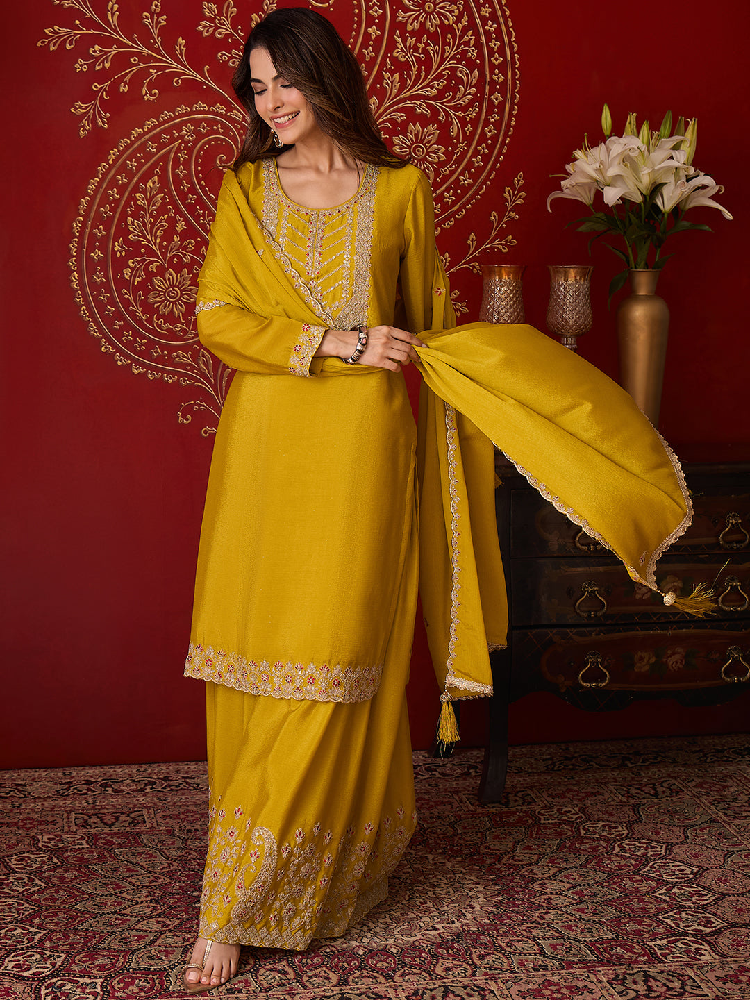 Janasya Women's Lime Yellow Silk Blend Floral Zari Embroidered Straight Kurta with Sharara & Dupatta Set