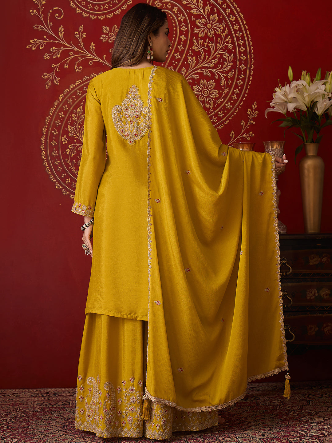 Janasya Women's Lime Yellow Silk Blend Floral Zari Embroidered Straight Kurta with Sharara & Dupatta Set