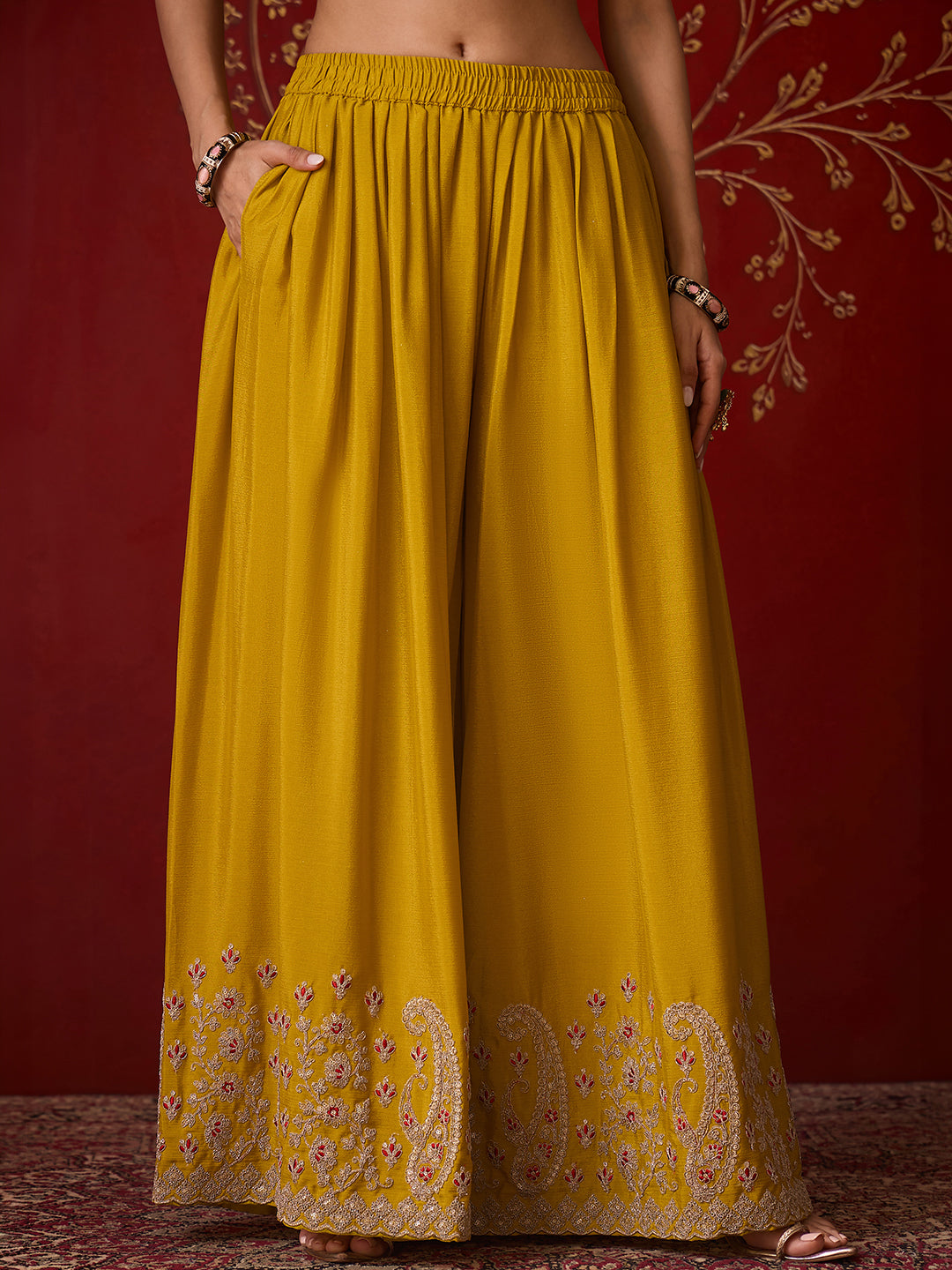 Janasya Women's Lime Yellow Silk Blend Floral Zari Embroidered Straight Kurta with Sharara & Dupatta Set