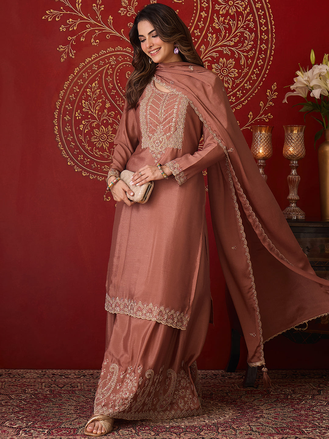 Janasya Women's Brown Silk Blend Floral Zari Embroidered Straight Kurta and Sharara Set with Dupatta