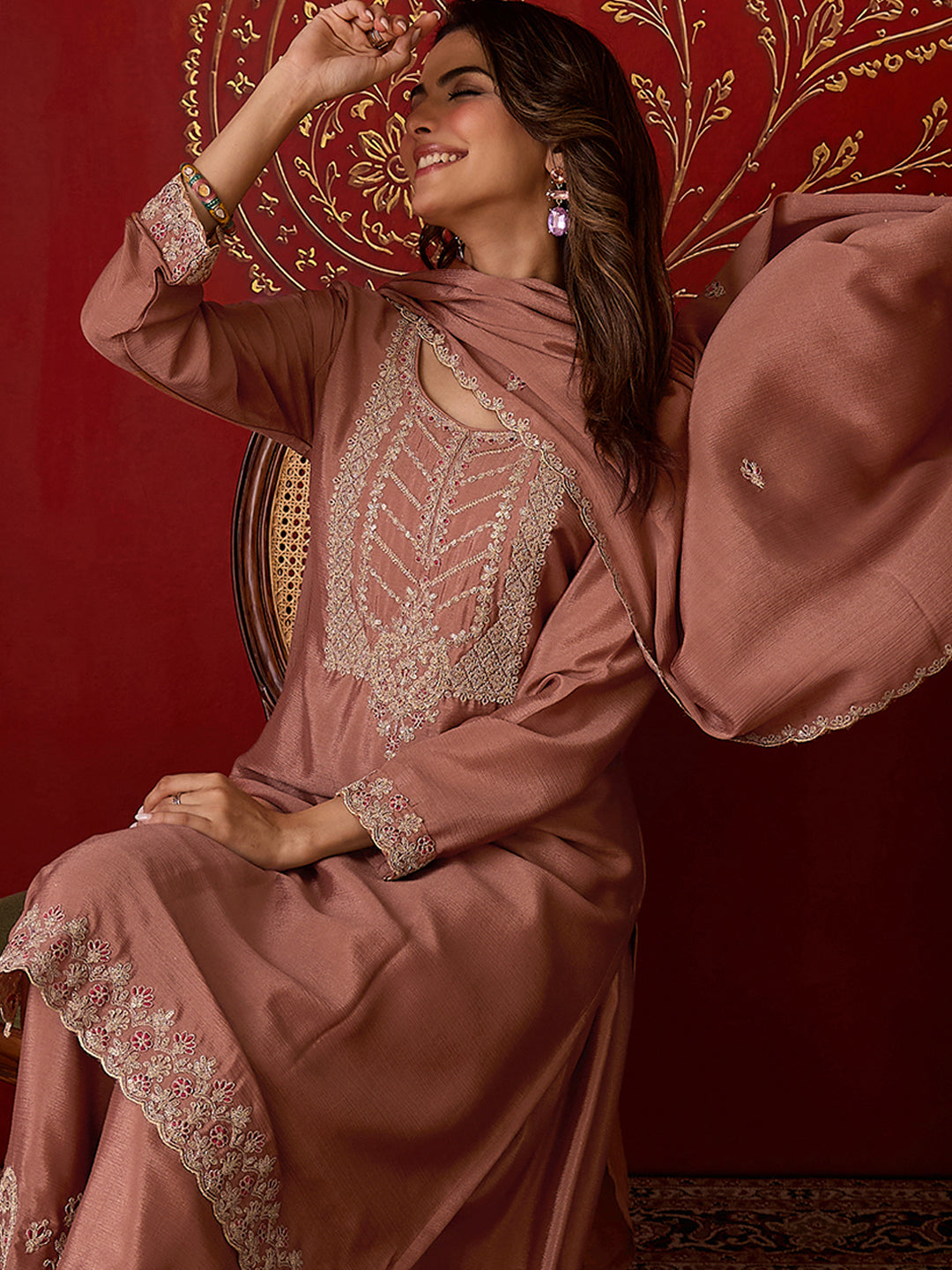 Janasya Women's Brown Silk Blend Floral Zari Embroidered Straight Kurta and Sharara Set with Dupatta