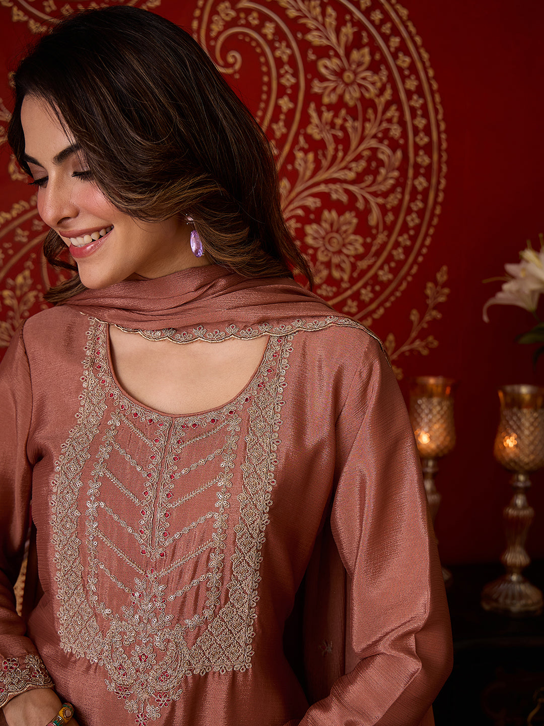 Janasya Women's Brown Silk Blend Floral Zari Embroidered Straight Kurta and Sharara Set with Dupatta
