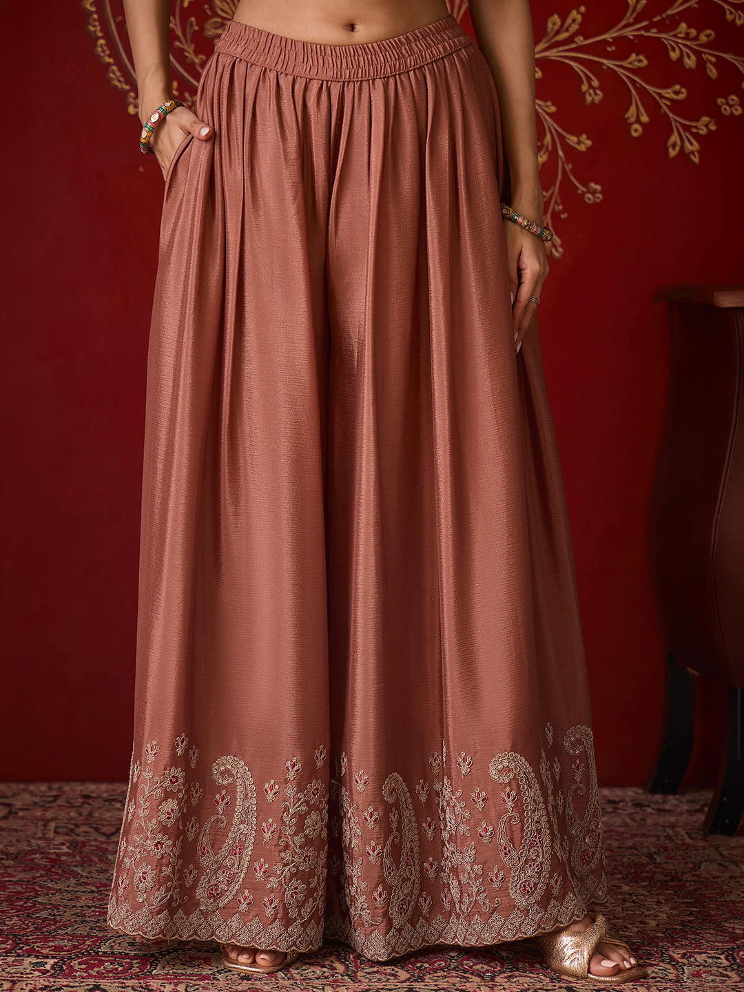 Janasya Women's Brown Silk Blend Floral Zari Embroidered Straight Kurta and Sharara Set with Dupatta