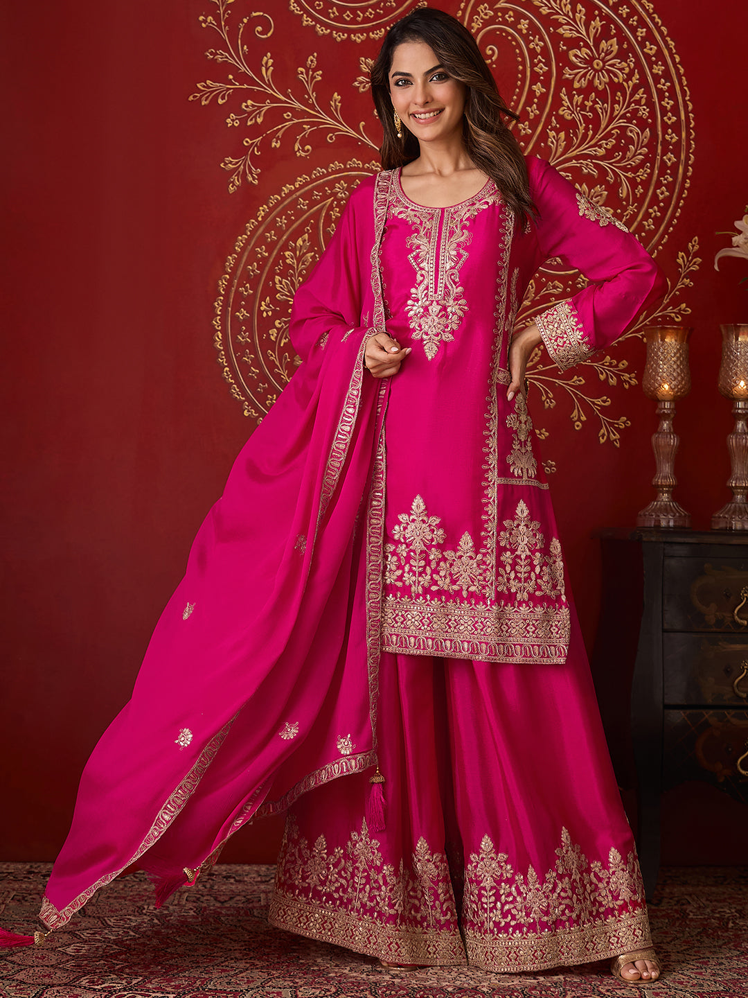Janasya Women's Pink Silk Blend Floral Zari Embroidered Straight Kurta with Sharara & Dupatta Set