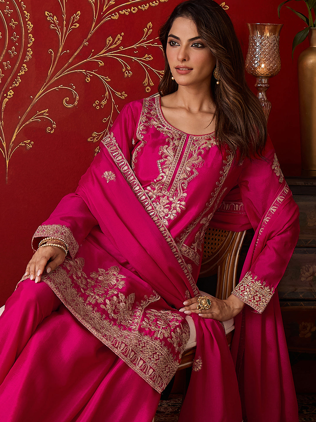 Janasya Women's Pink Silk Blend Floral Zari Embroidered Straight Kurta with Sharara & Dupatta Set