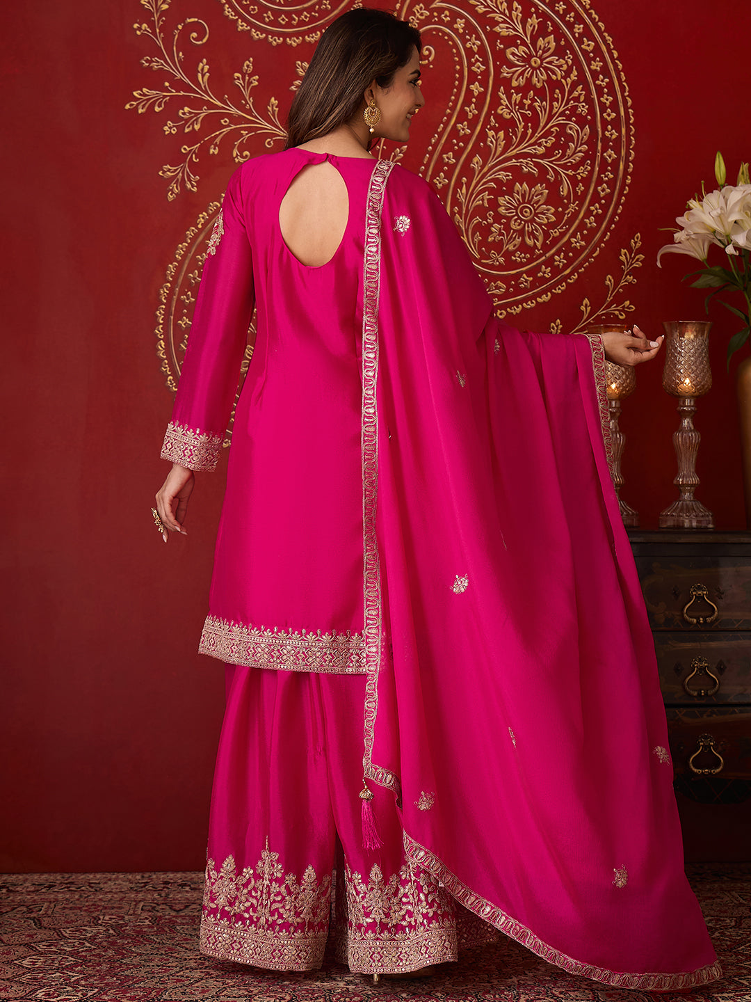 Janasya Women's Pink Silk Blend Floral Zari Embroidered Straight Kurta with Sharara & Dupatta Set