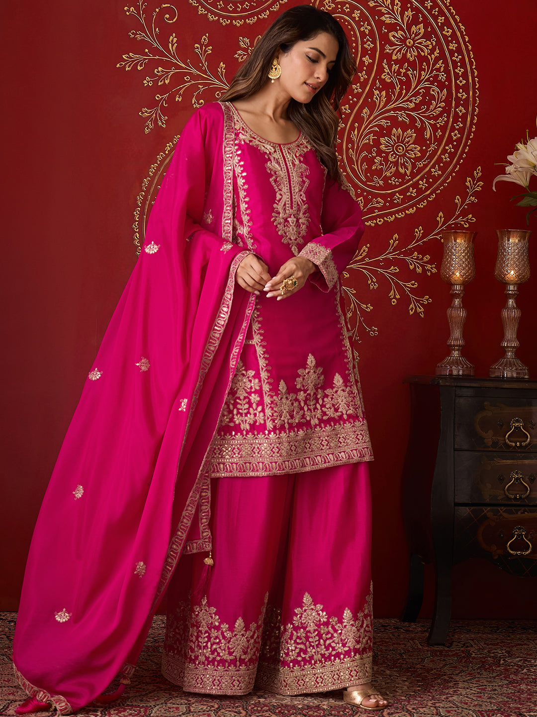 Janasya Women's Pink Silk Blend Floral Zari Embroidered Straight Kurta with Sharara & Dupatta Set