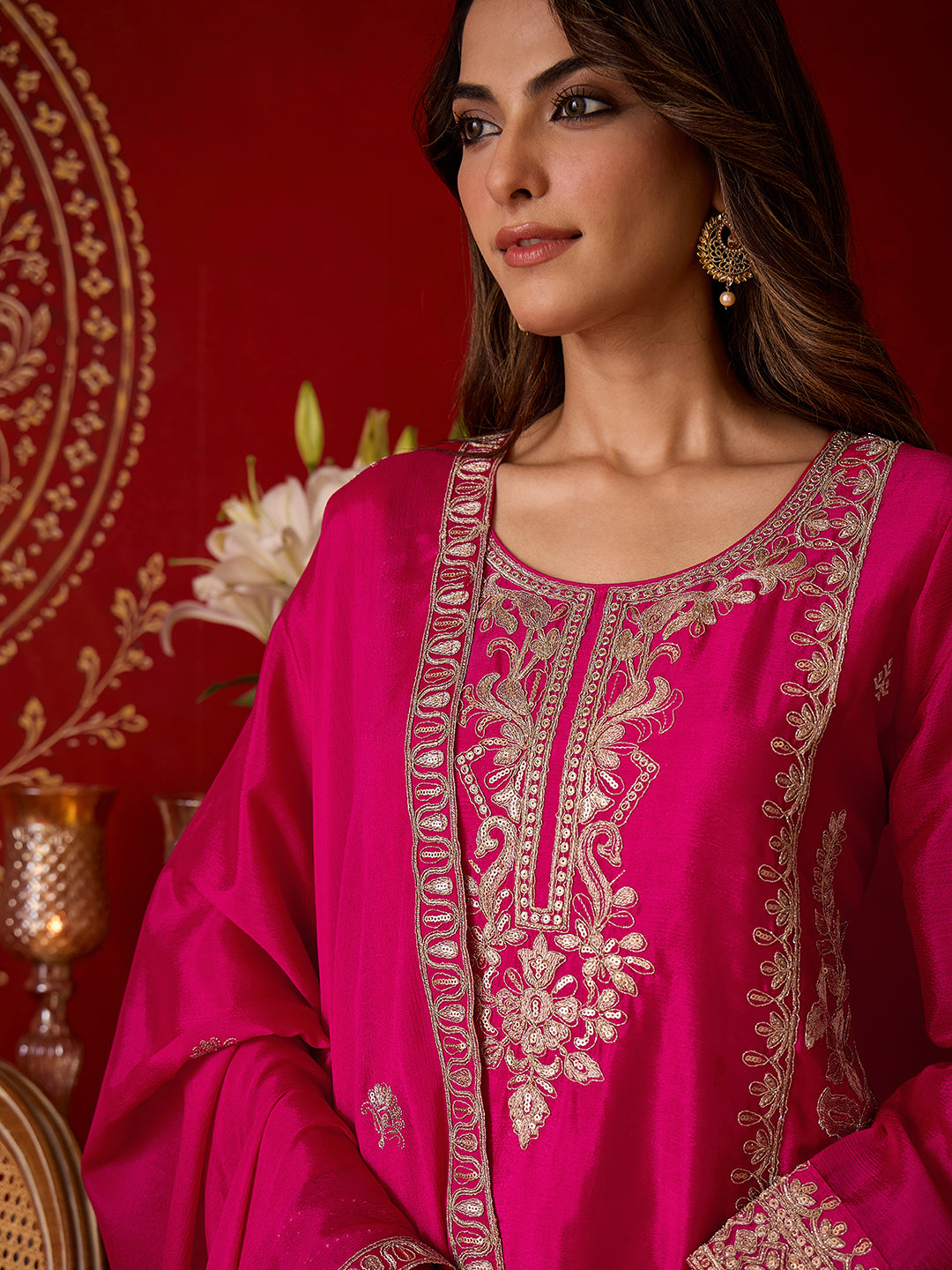 Janasya Women's Pink Silk Blend Floral Zari Embroidered Straight Kurta with Sharara & Dupatta Set