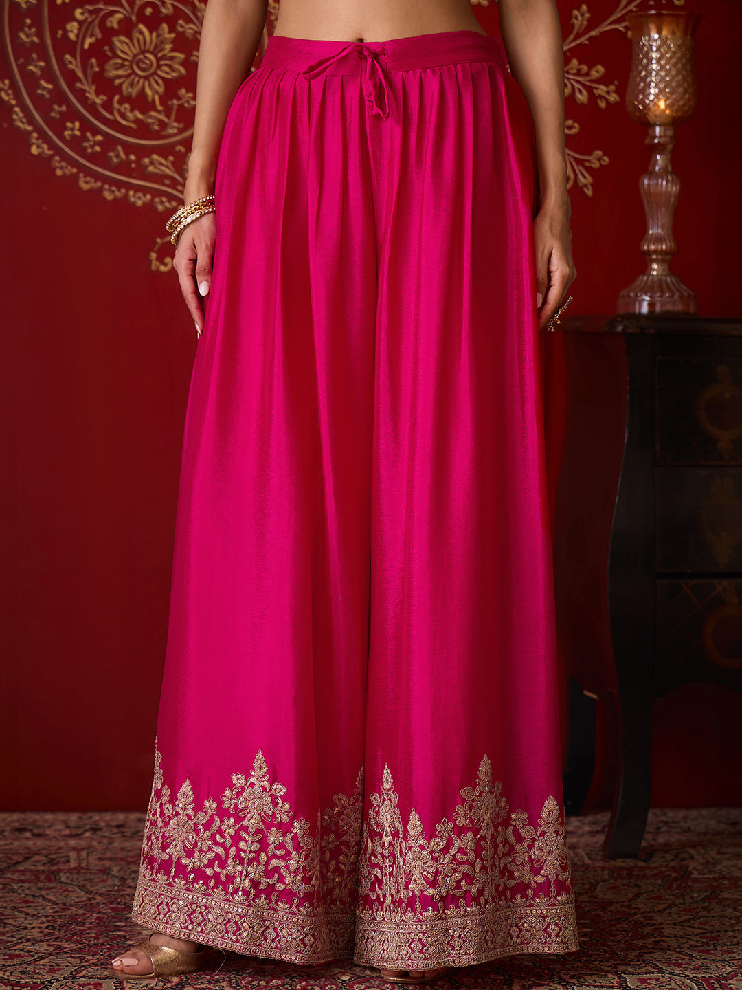 Janasya Women's Pink Silk Blend Floral Zari Embroidered Straight Kurta with Sharara & Dupatta Set