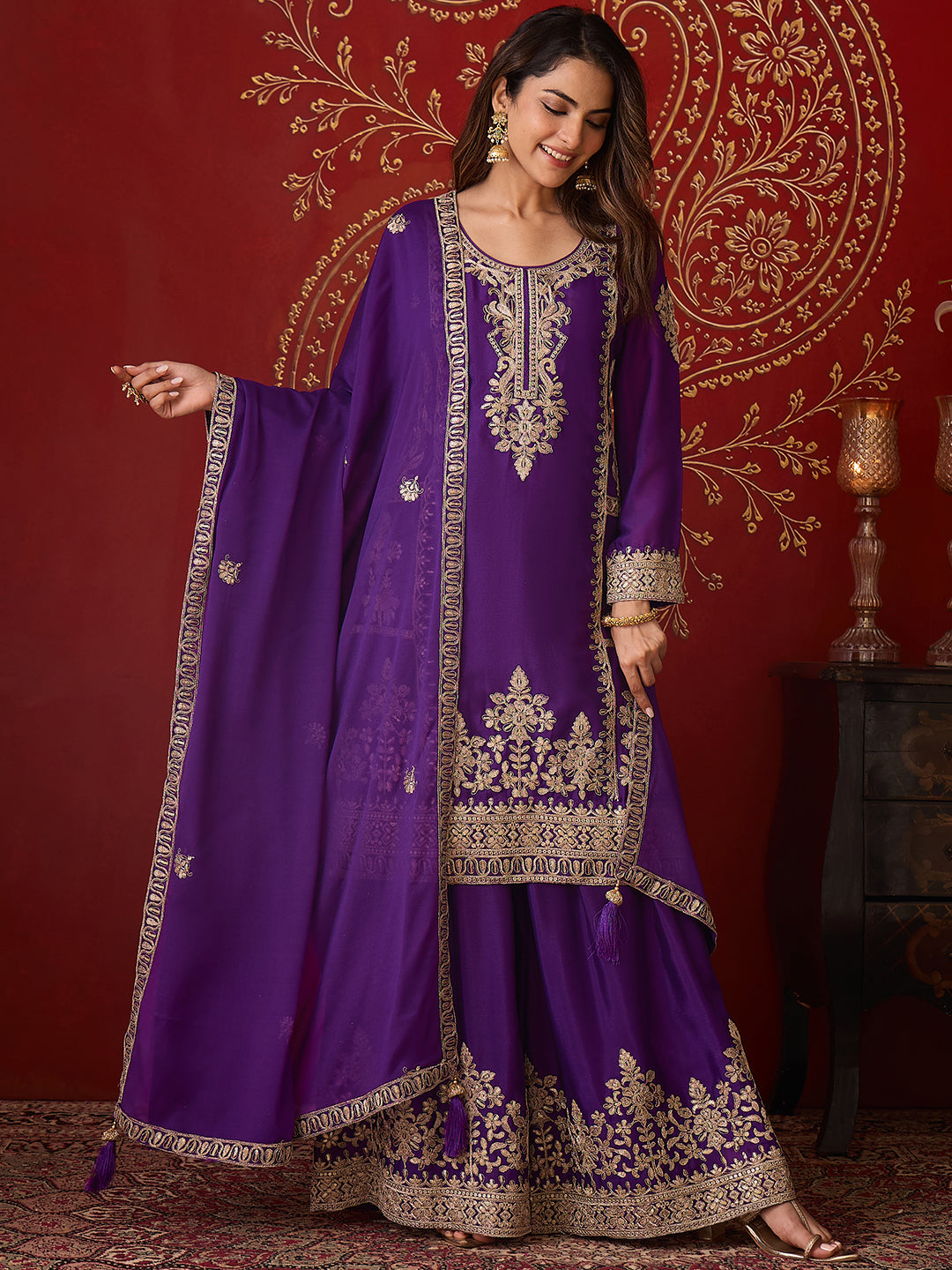 Janasya Women's Purple Silk Blend Floral Zari Embroidered Straight Kurta and Sharara Set with Dupatta