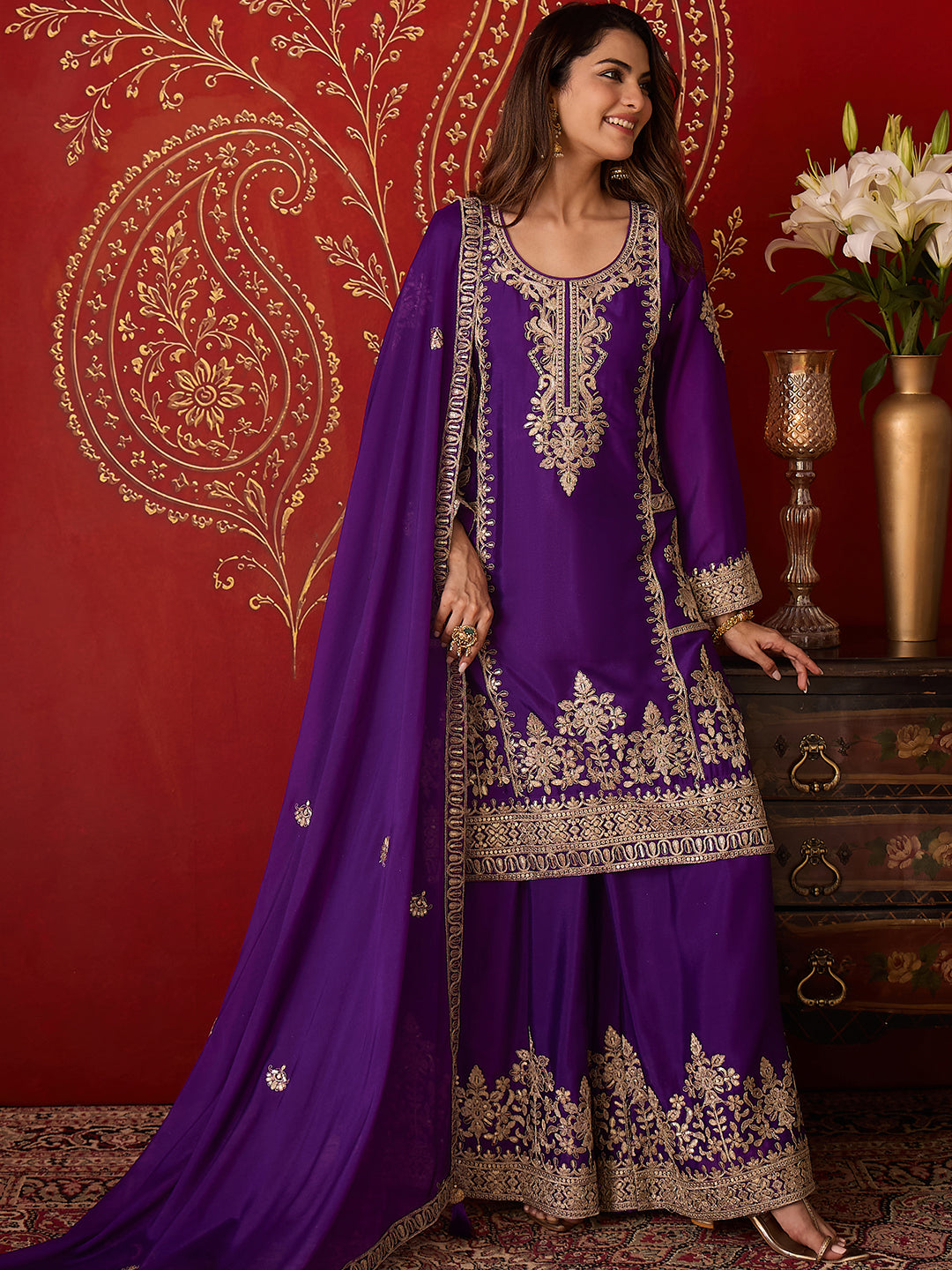 Janasya Women's Purple Silk Blend Floral Zari Embroidered Straight Kurta and Sharara Set with Dupatta