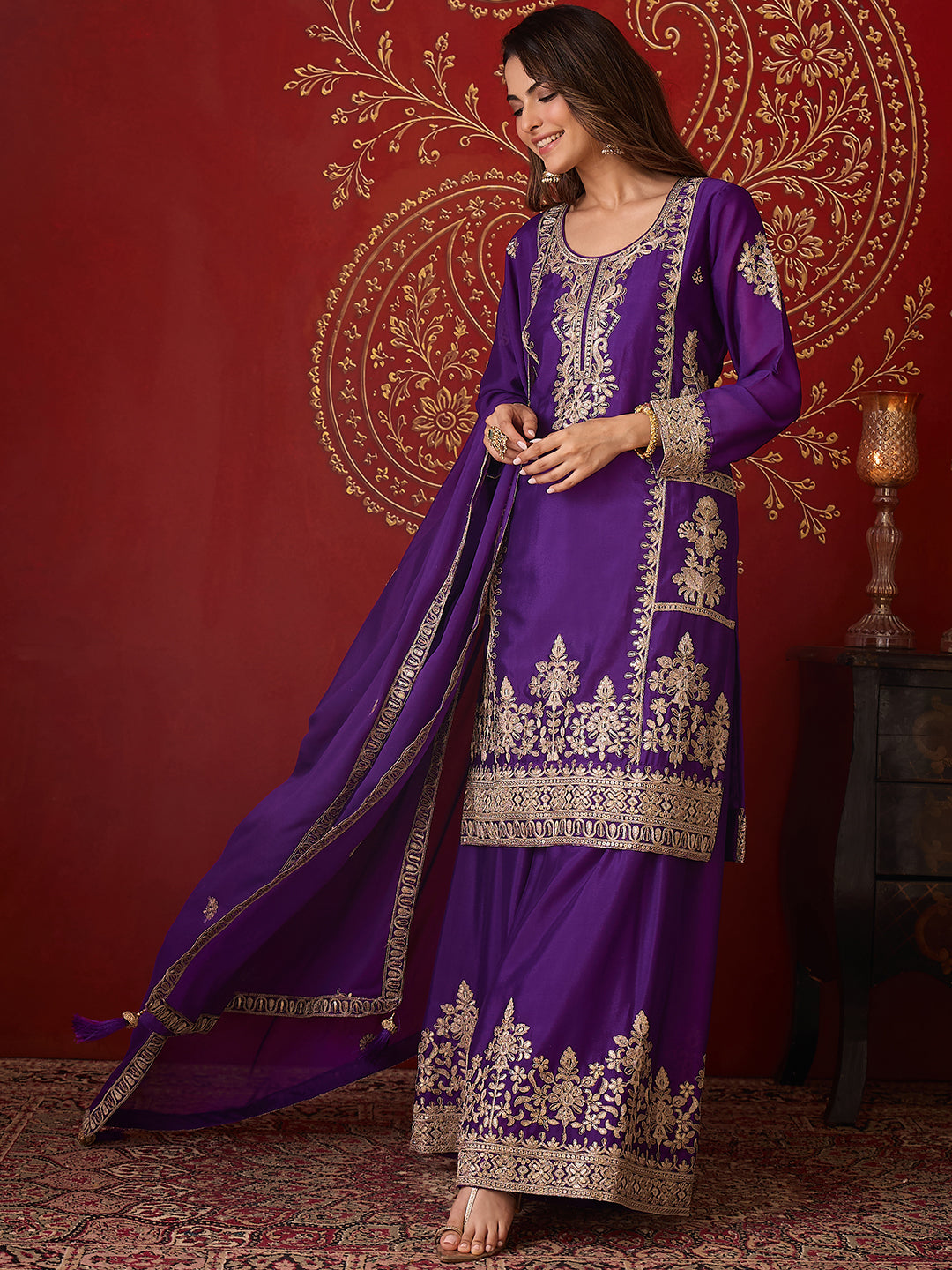 Janasya Women's Purple Silk Blend Floral Zari Embroidered Straight Kurta and Sharara Set with Dupatta