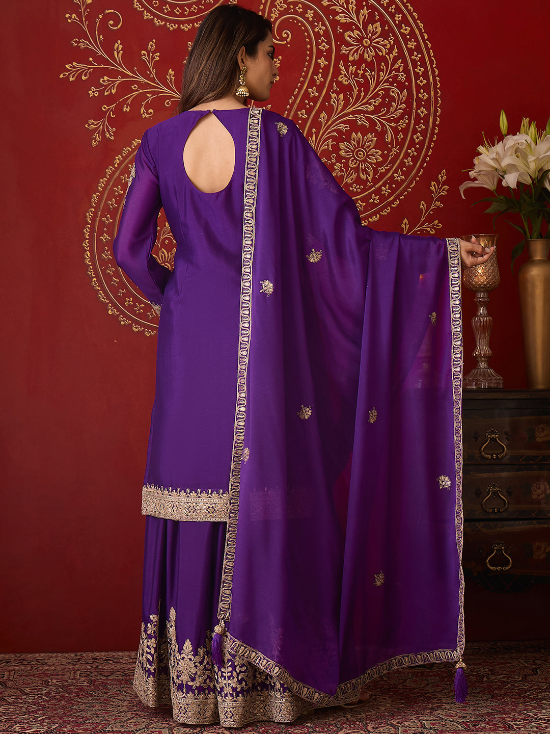 Janasya Women's Purple Silk Blend Floral Zari Embroidered Straight Kurta and Sharara Set with Dupatta