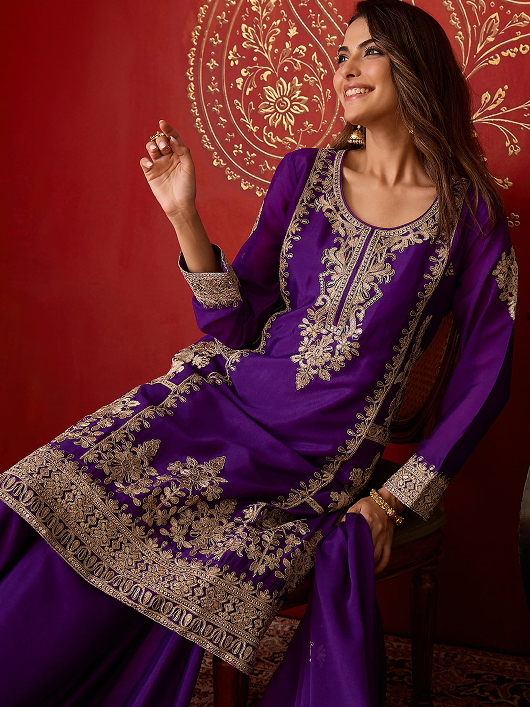 Janasya Women's Purple Silk Blend Floral Zari Embroidered Straight Kurta and Sharara Set with Dupatta