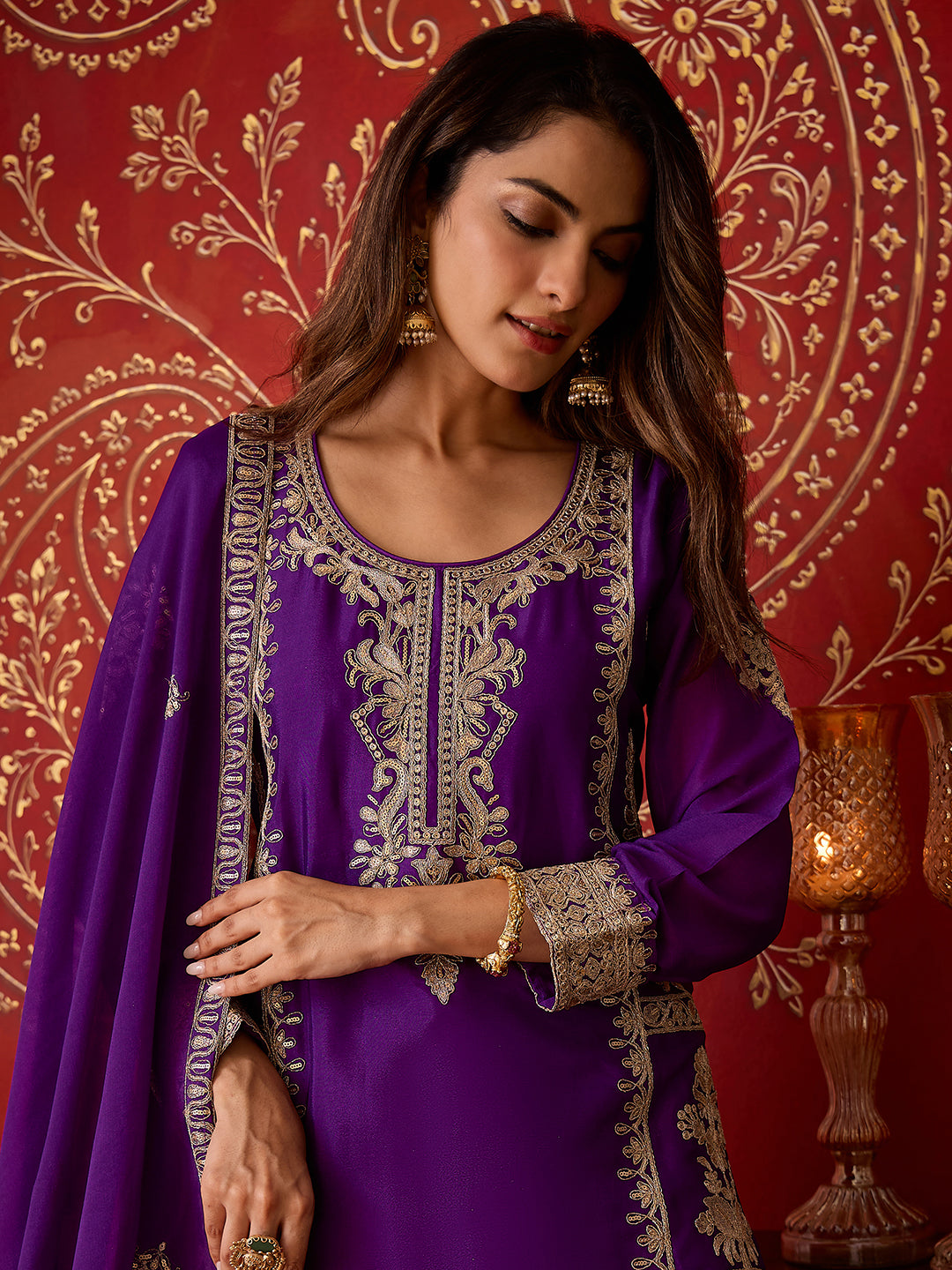 Janasya Women's Purple Silk Blend Floral Zari Embroidered Straight Kurta and Sharara Set with Dupatta