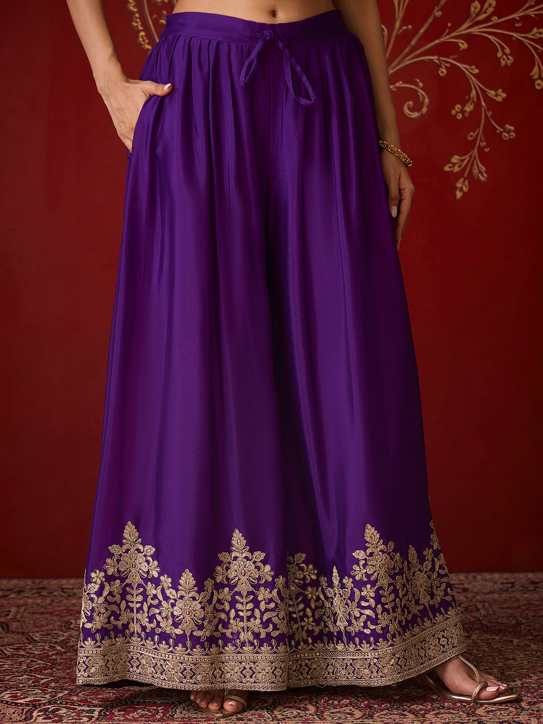 Janasya Women's Purple Silk Blend Floral Zari Embroidered Straight Kurta and Sharara Set with Dupatta