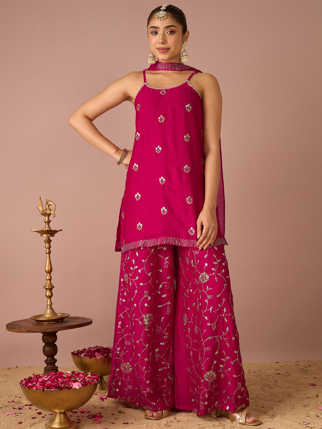 Janasya Women's Pink Silk Blend Floral Sequins and Zari Embroidered Straight Kurta with Palazzo and Choker Dupatta Set