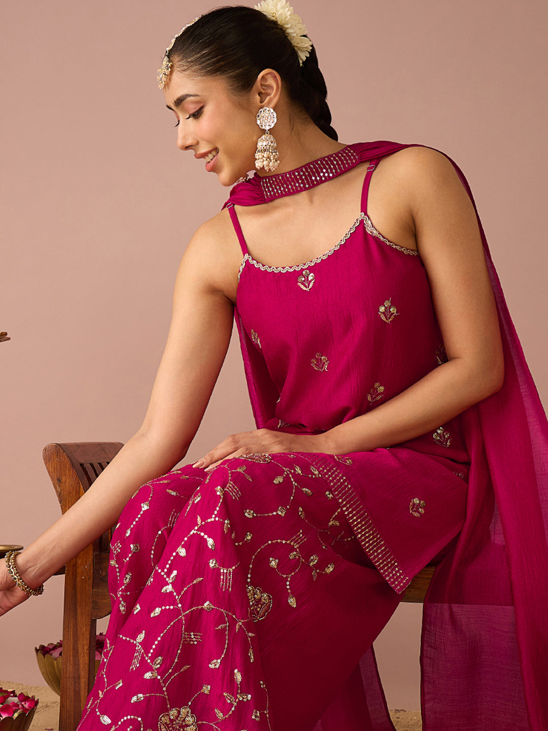 Janasya Women's Pink Silk Blend Floral Sequins and Zari Embroidered Straight Kurta with Palazzo and Choker Dupatta Set