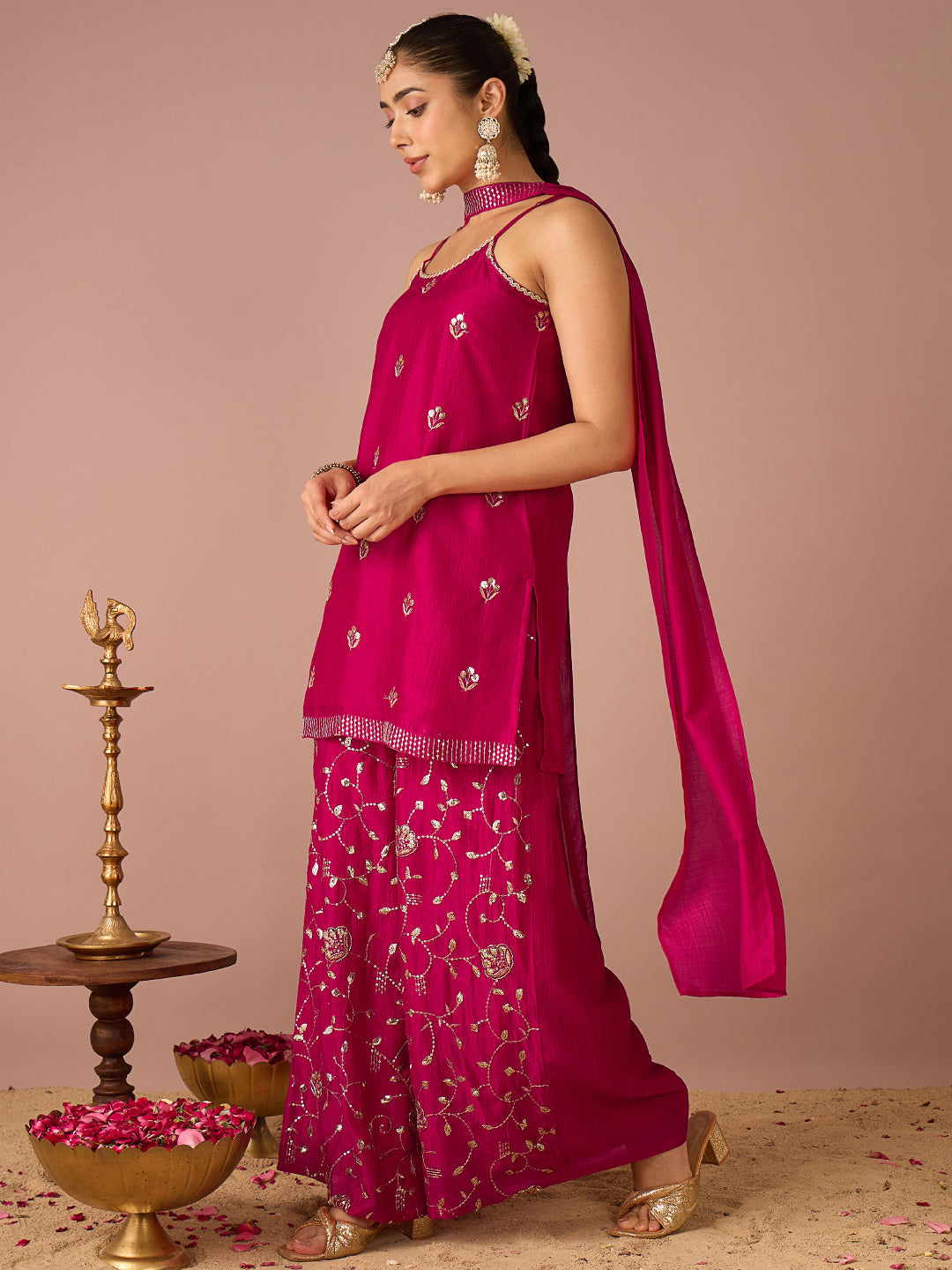 Janasya Women's Pink Silk Blend Floral Sequins and Zari Embroidered Straight Kurta with Palazzo and Choker Dupatta Set